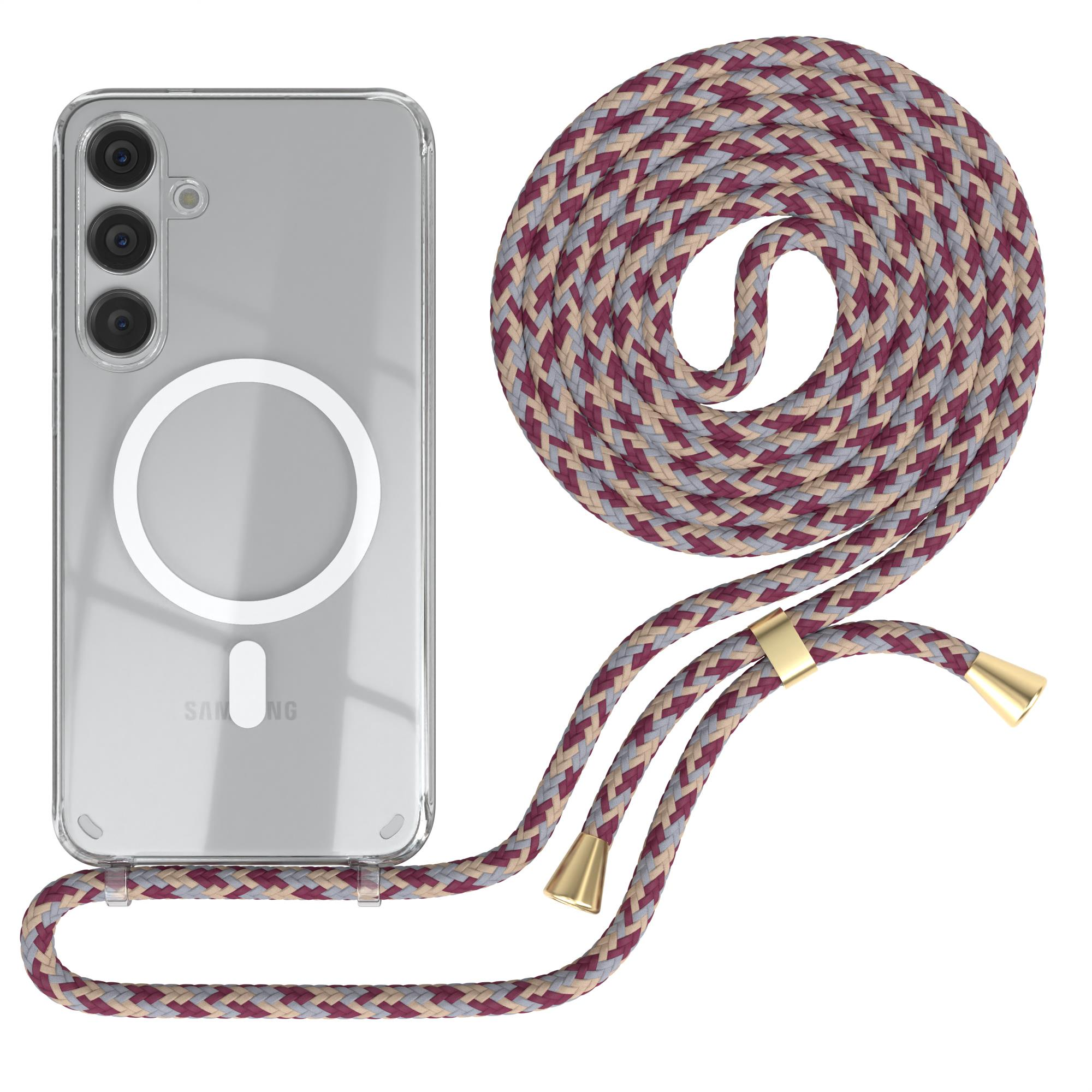 Transparente Handyhülle mit rot-beigem geflochtenem Riemen. Telefon ist geneigt.