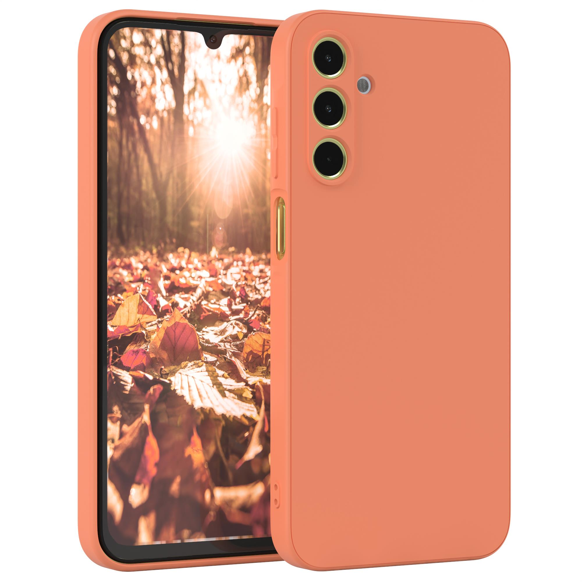 Orangefarbene Handyhülle mit einem Telefon, das eine Waldszene mit Sonnenschein zeigt.