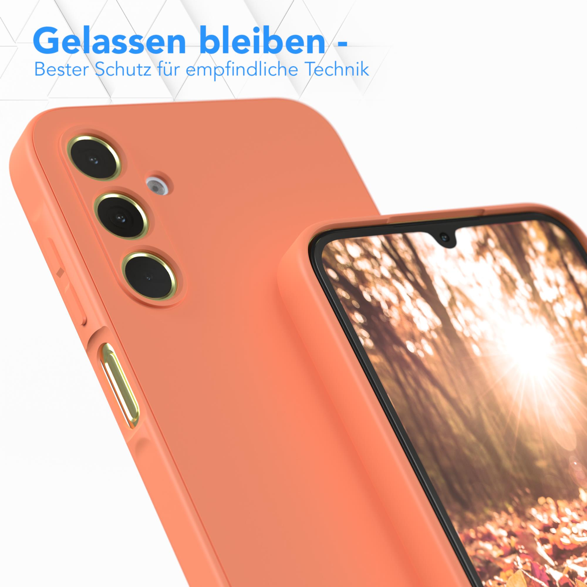 Orangefarbene Handyhülle schützt ein Telefon. Der Bildschirm zeigt eine Naturszene.