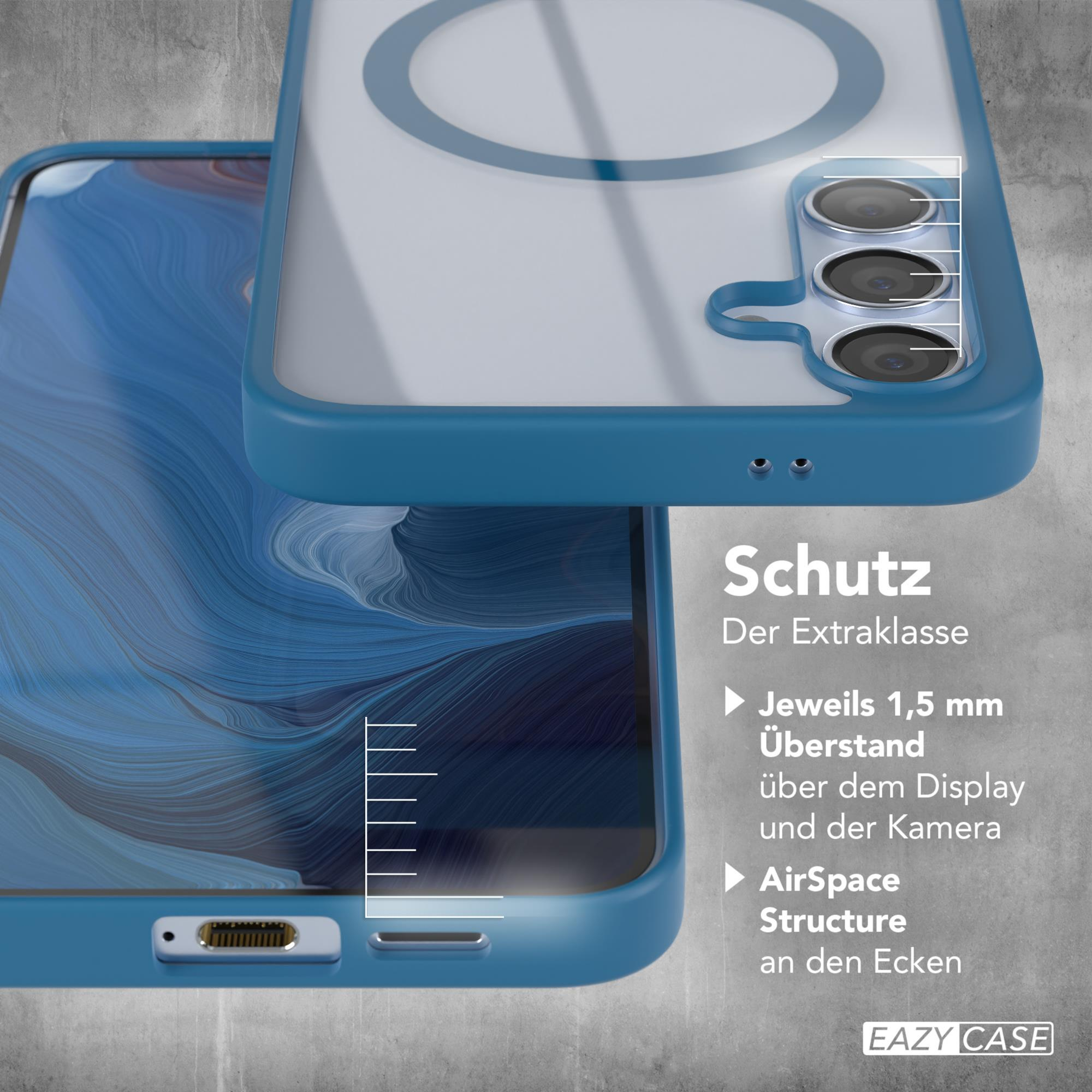 Handyhülle mit blauem Rand und Telefon darin. Text auf Deutsch. Hellblauer Hintergrund.