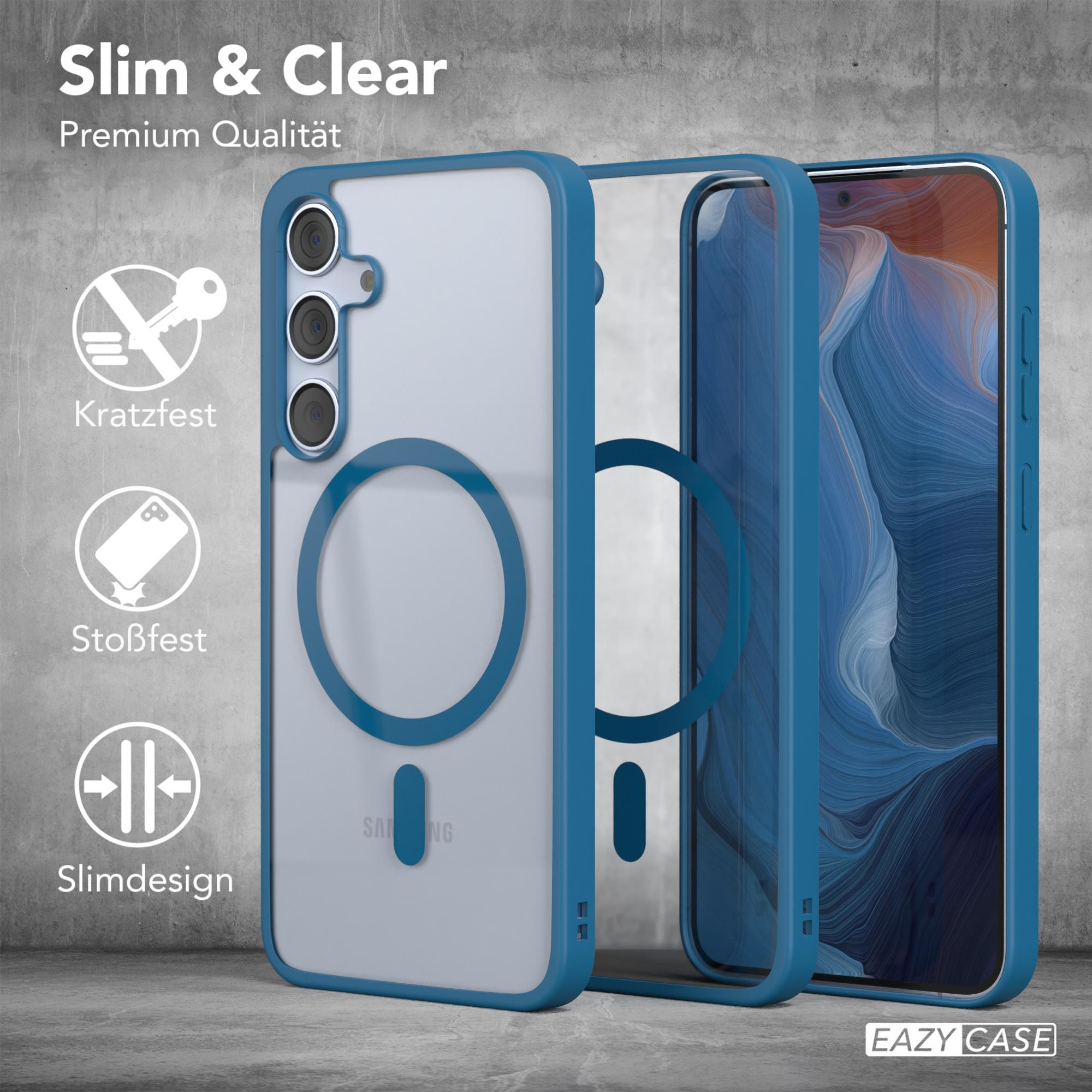 Blaue Handyhülle mit transparentem Rücken, die die Kamera des Telefons und ein Schlüssel- und andere Symbole zeigt.