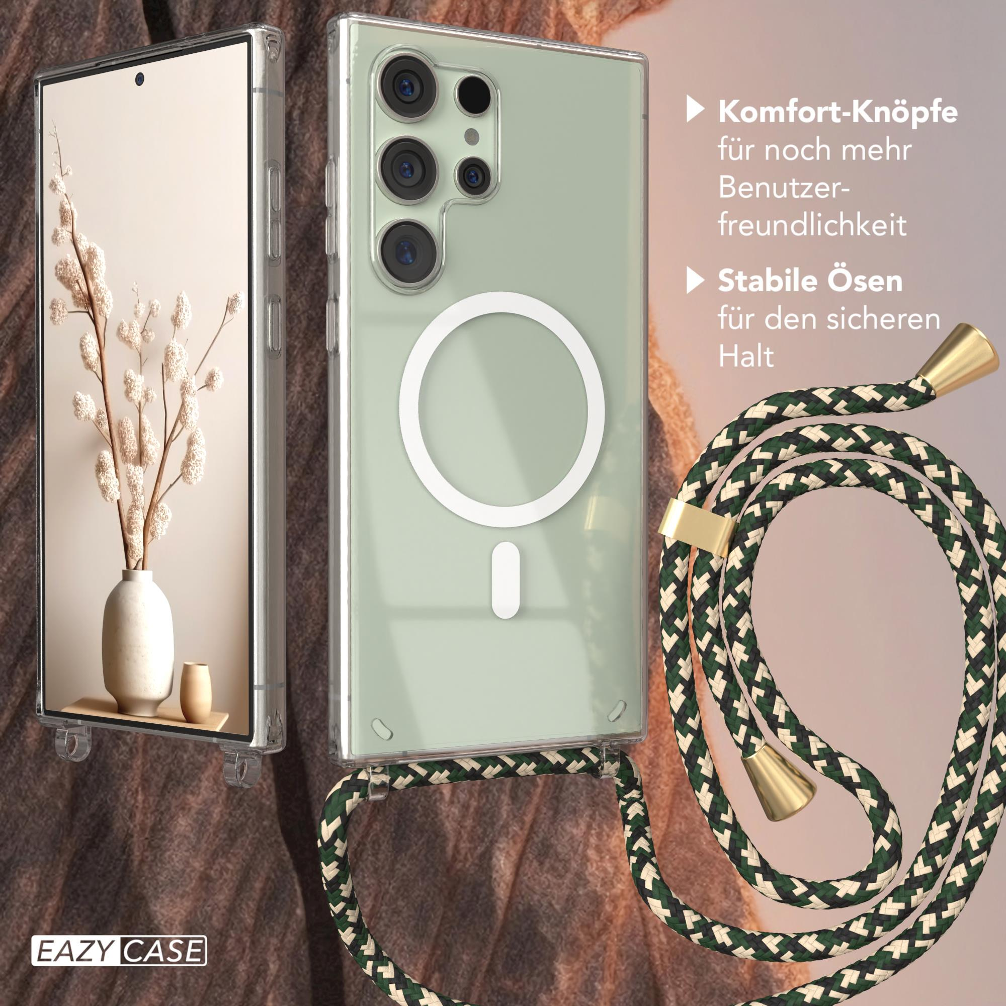 Eine Handyhülle mit Band, ein Telefon, eine Vase mit Blumen und Text mit Produktmerkmalen.