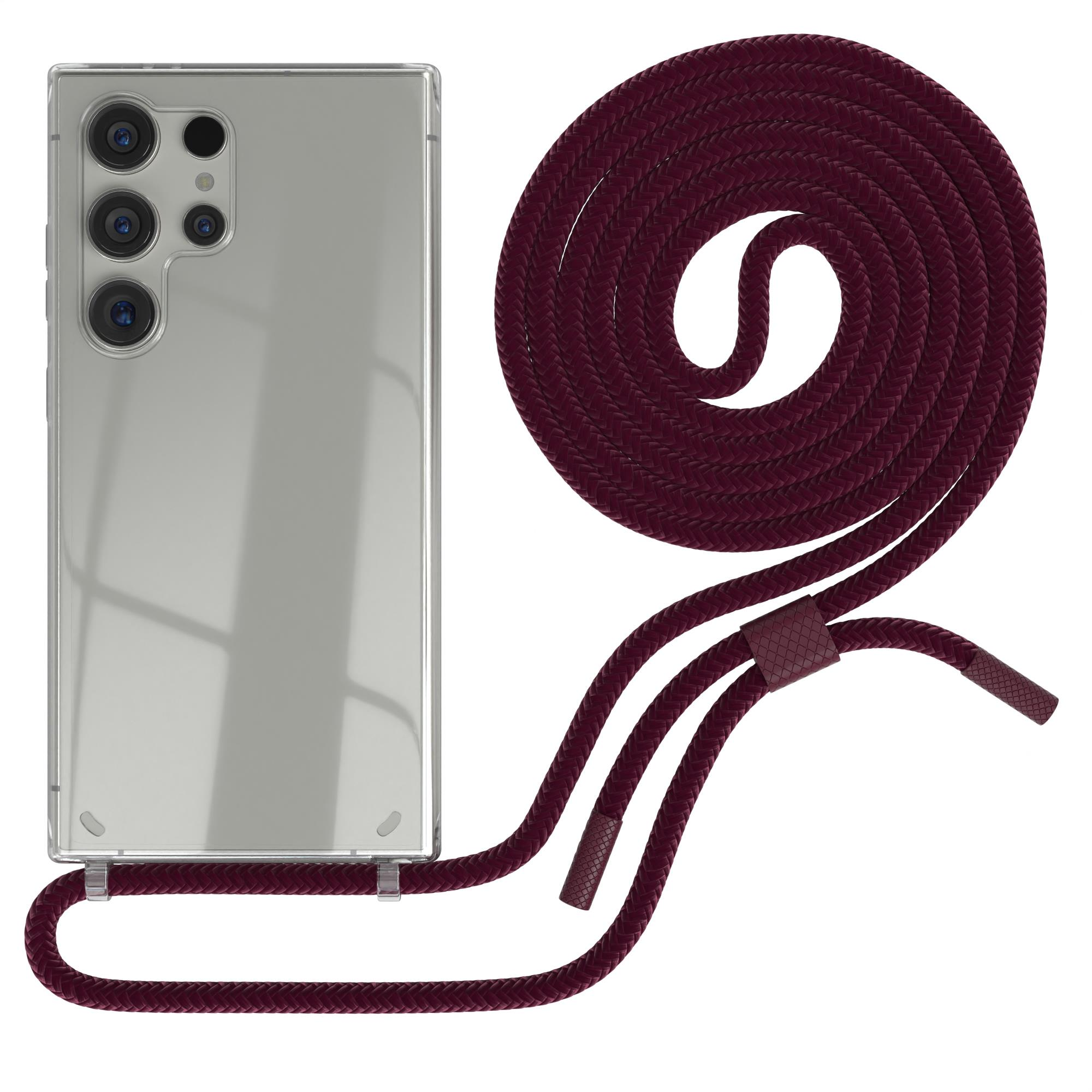Transparente Handyhülle mit Lanyard. Das Lanyard ist tiefrot und an der Hülle befestigt.