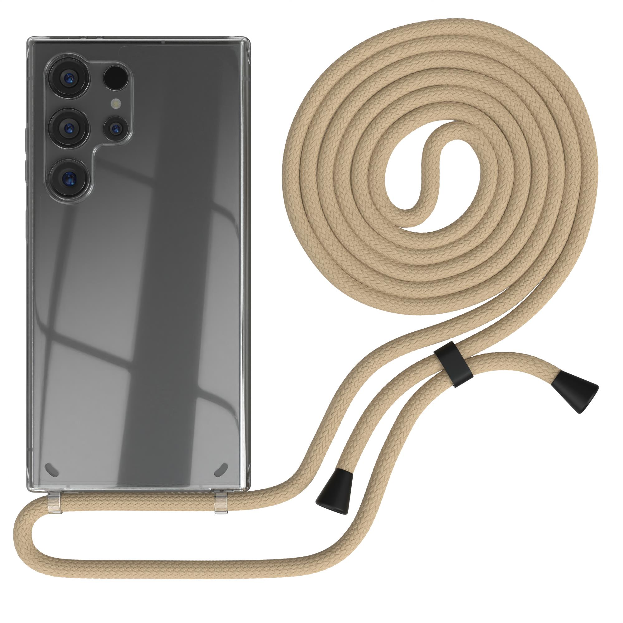 Telefon mit Hülle und Kordel. Die Kordel ist beige und gewellt. Die Hülle ist klar mit schwarzem Element.