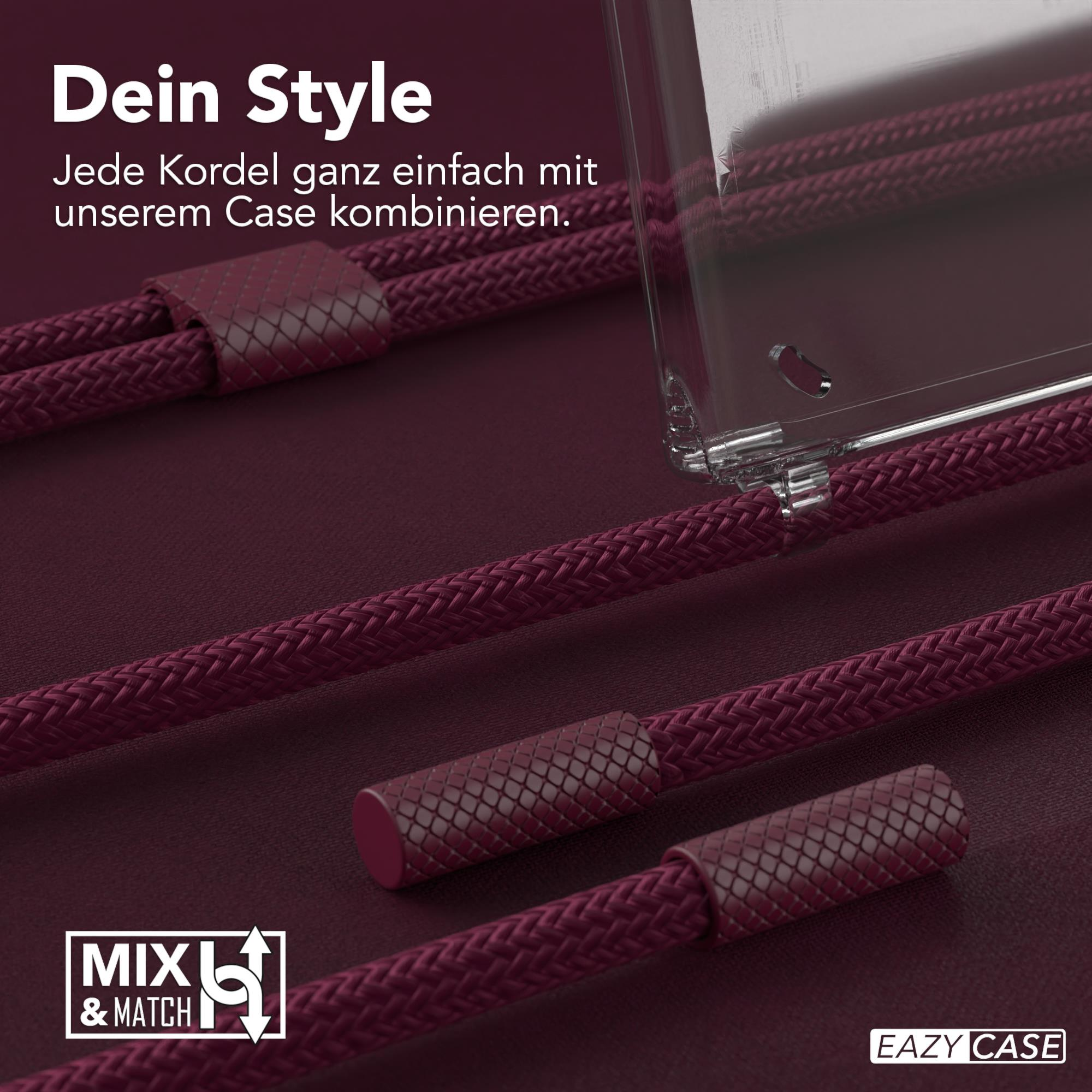 Burgunderfarbene Handyhülle mit Kordeln. Text, der besagt, dass jede Kordel mit der Hülle kombiniert werden kann.