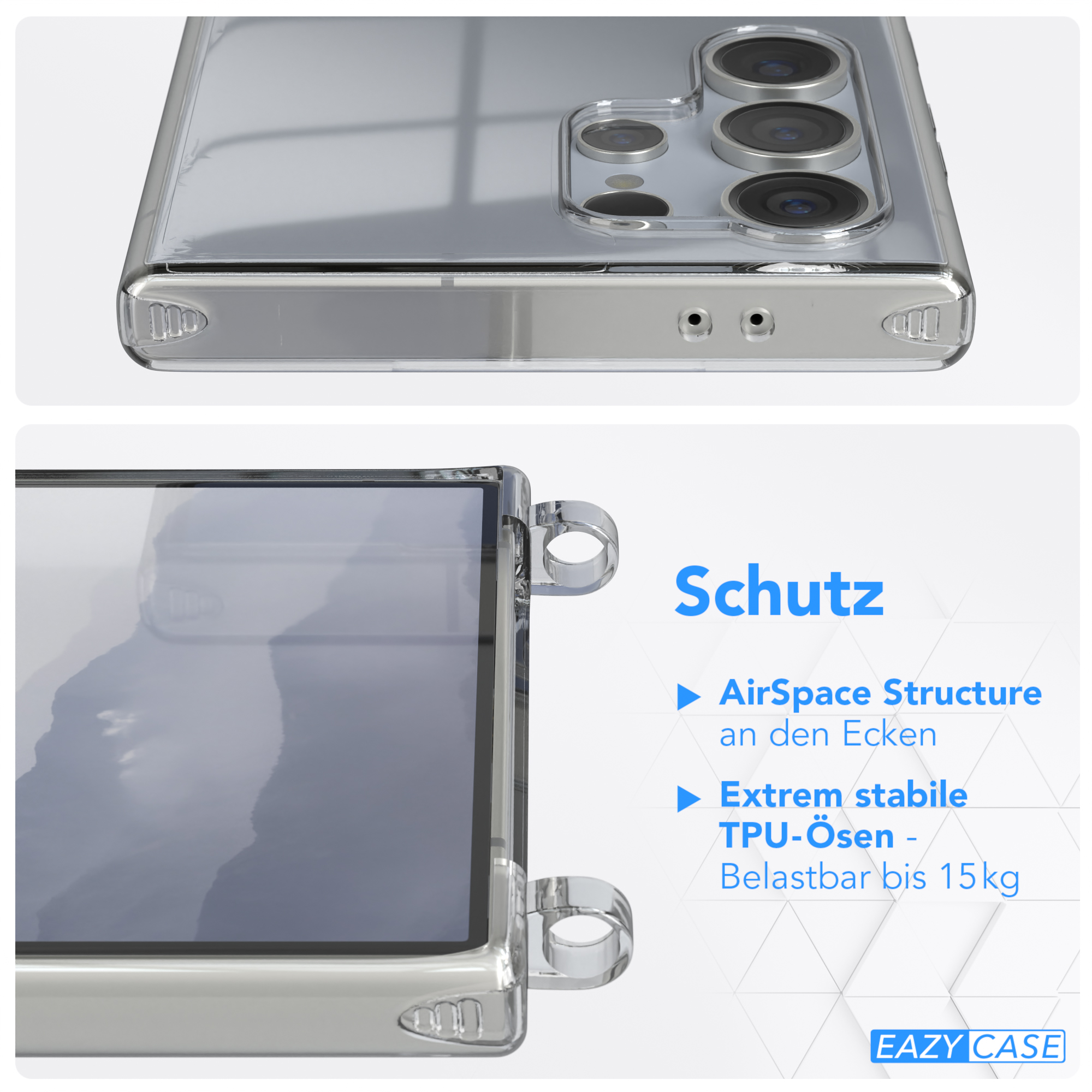 Transparente Handyhülle mit einem Telefon darin, die Rückseite und Seiten des Telefons zeigend.