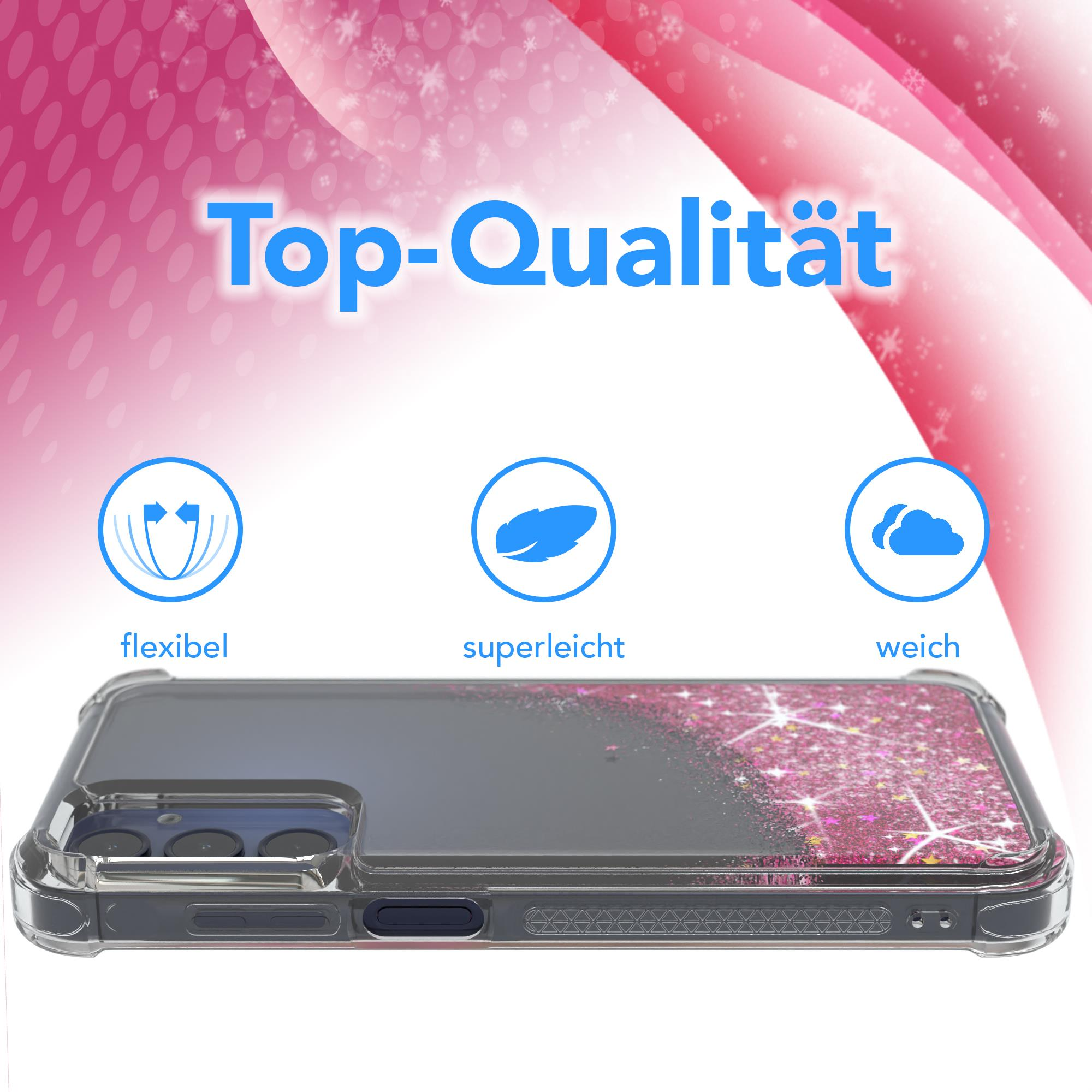 Transparente Handyhülle mit rosa Glitzerdesign und Icons für flexibel, superleicht und weich.