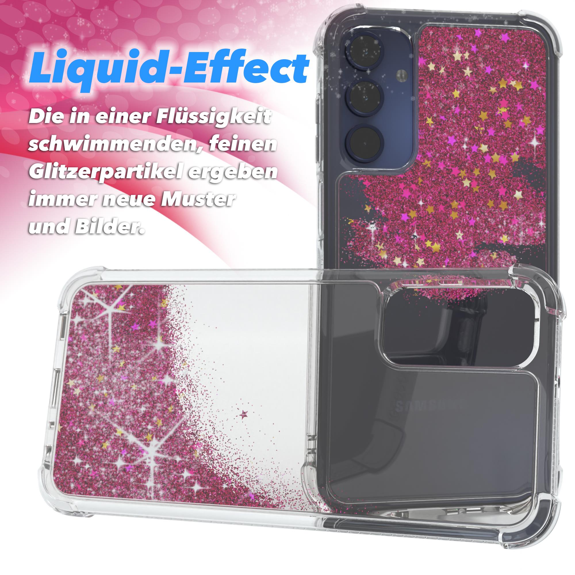 Transparente Handyhülle mit rosa Glitzer, Text "Liquid-Effect". Die Hülle liegt auf weißem Grund.