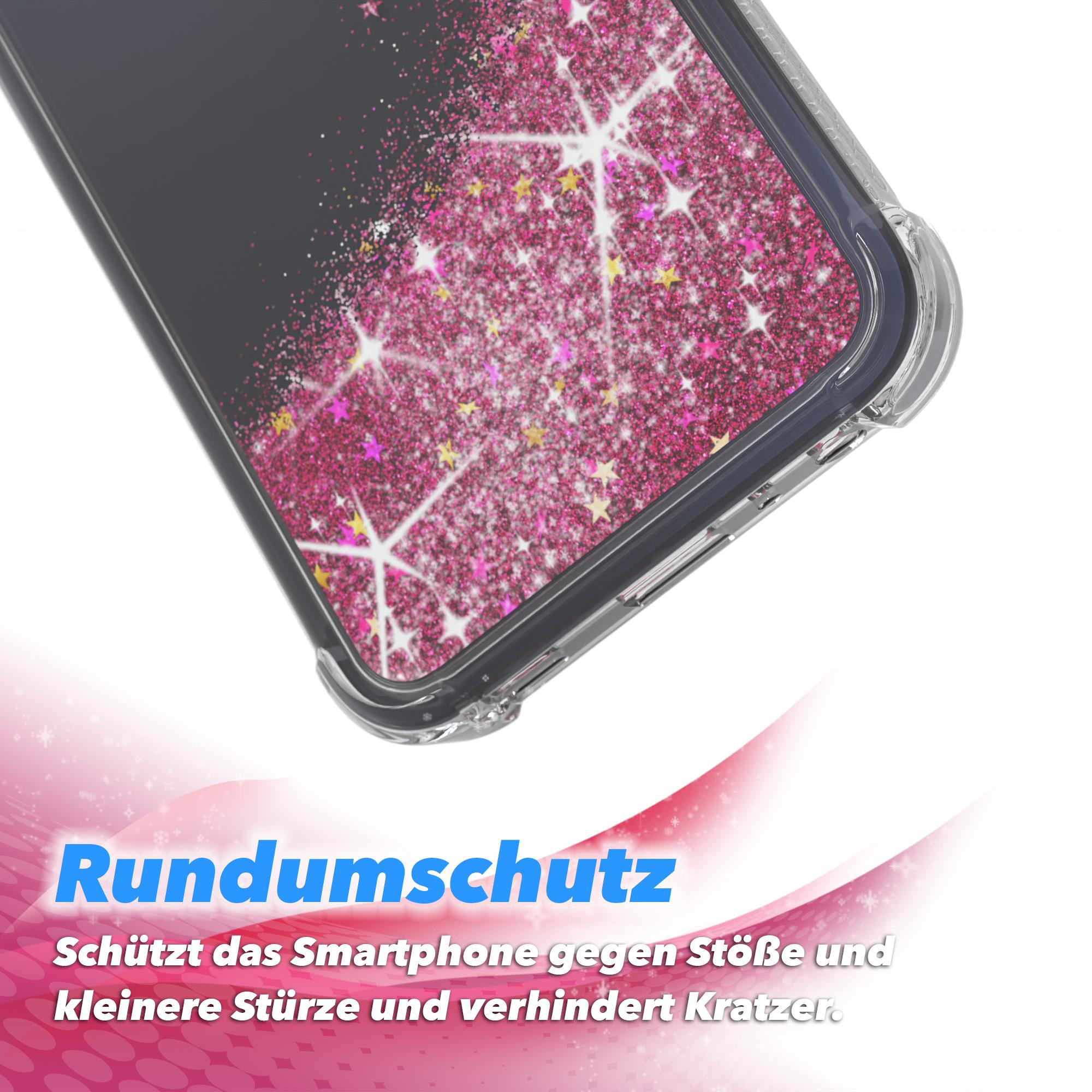 Eine Handyhülle mit pinkem Glitzerdesign und dem Text 'Rundumschutz', was 'Rundumschutz' bedeutet.