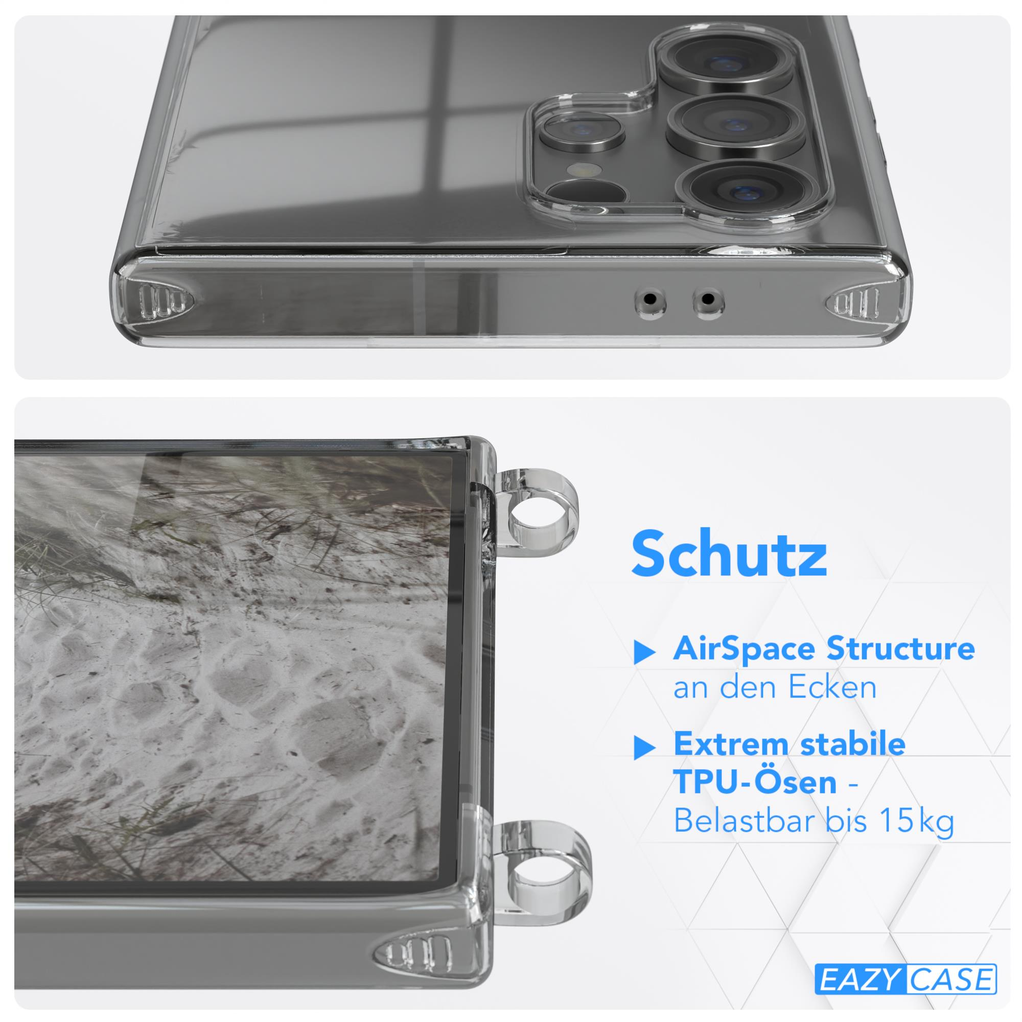Eine transparente Handyhülle mit einem Telefon darin. Die Hülle hat einen Ring an der Seite.