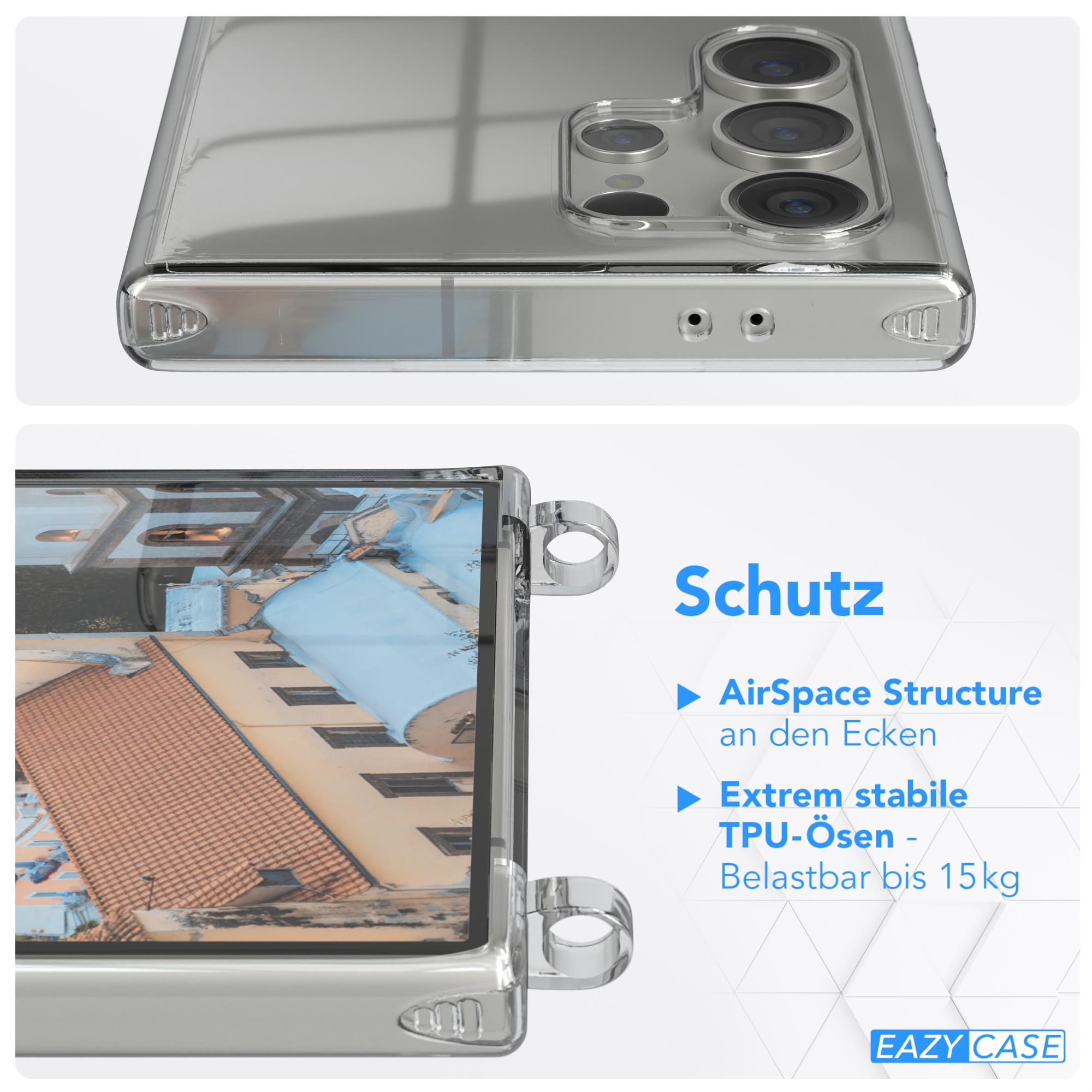 Handyhülle, Draufsicht, mit Text: Schutz, AirSpace Struktur und TPU-Ösen.