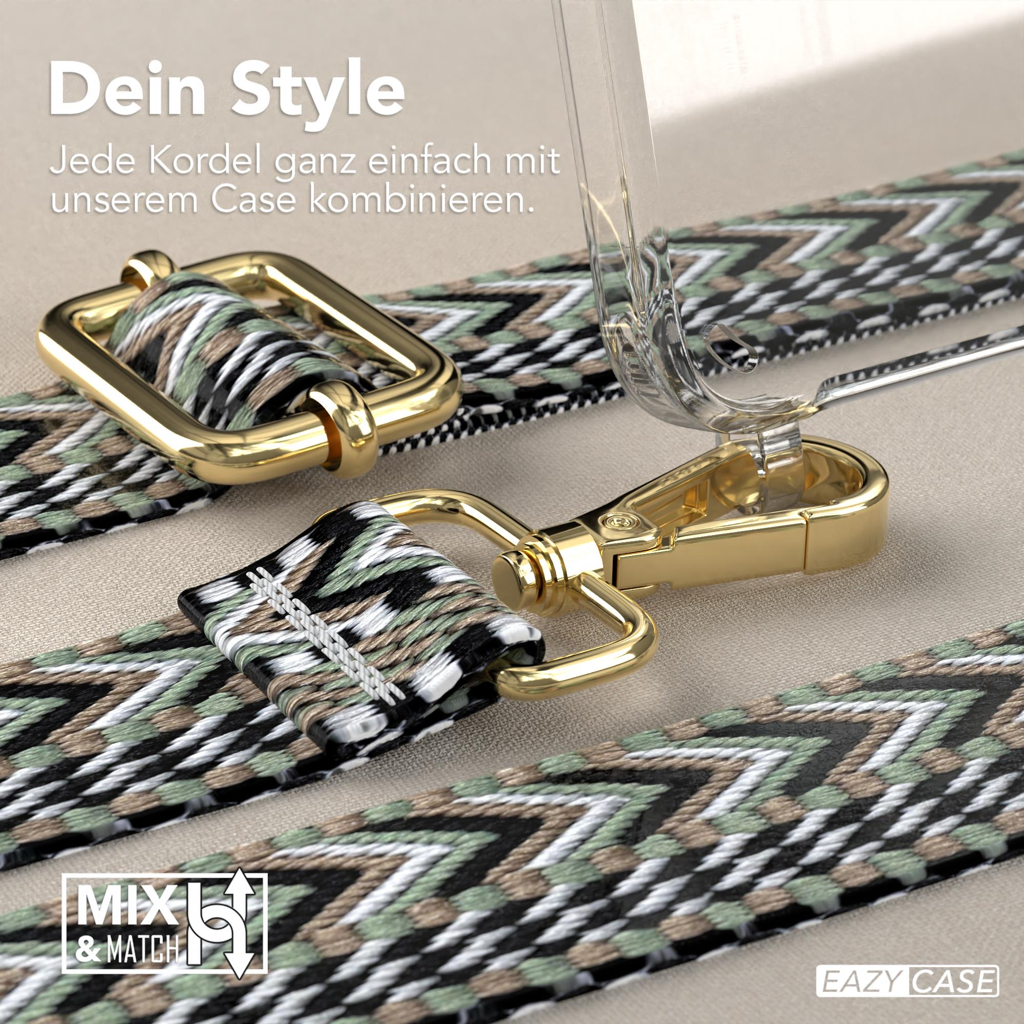 Nahaufnahme einer Handyhülle mit Riemen. Die Hülle hat einen goldenen Verschluss und einen gemusterten Riemen.