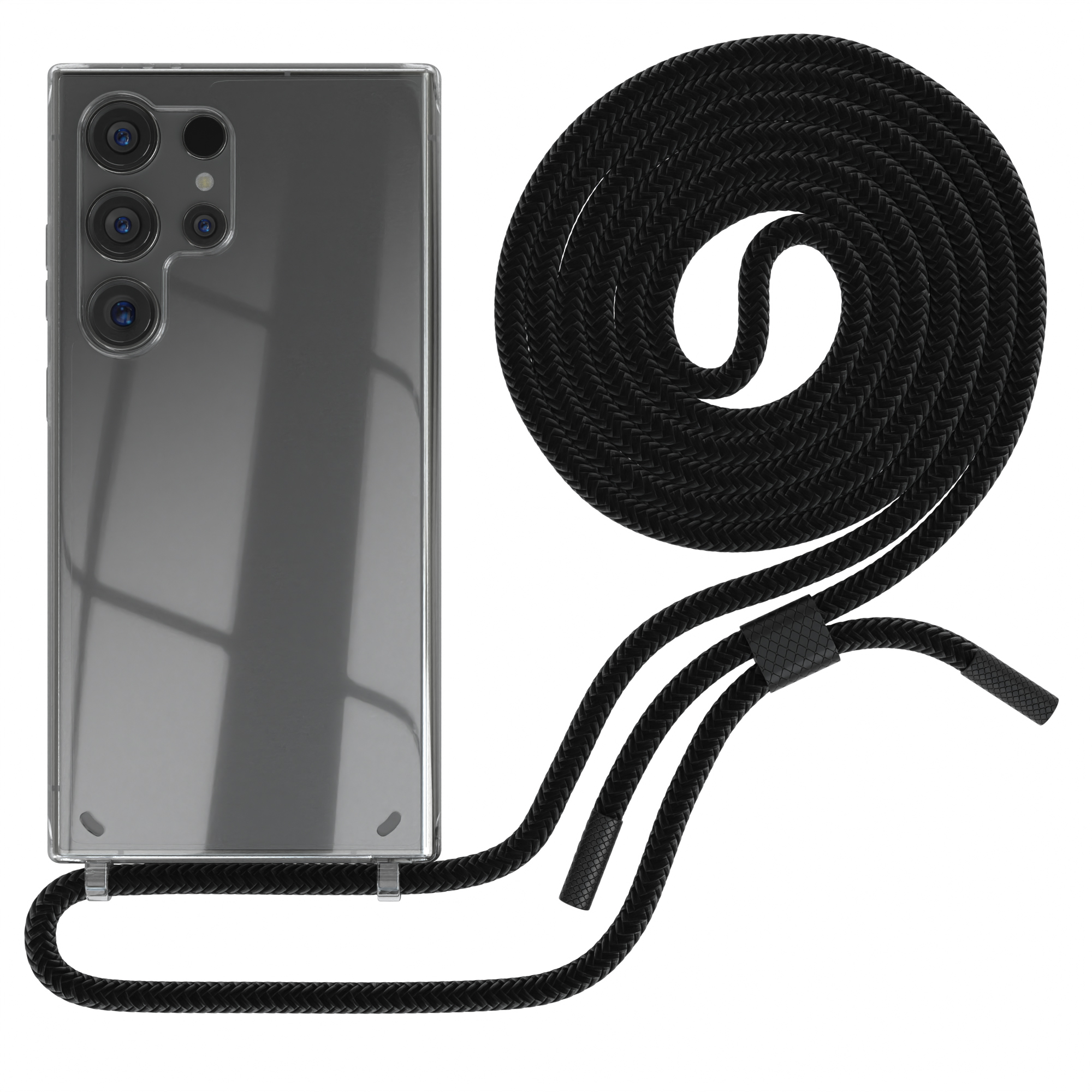 Telefon mit schwarzem Kordelgehäuse. Klares Rückteil, vier Kameras. Kordel von unten auf weißem Grund.
