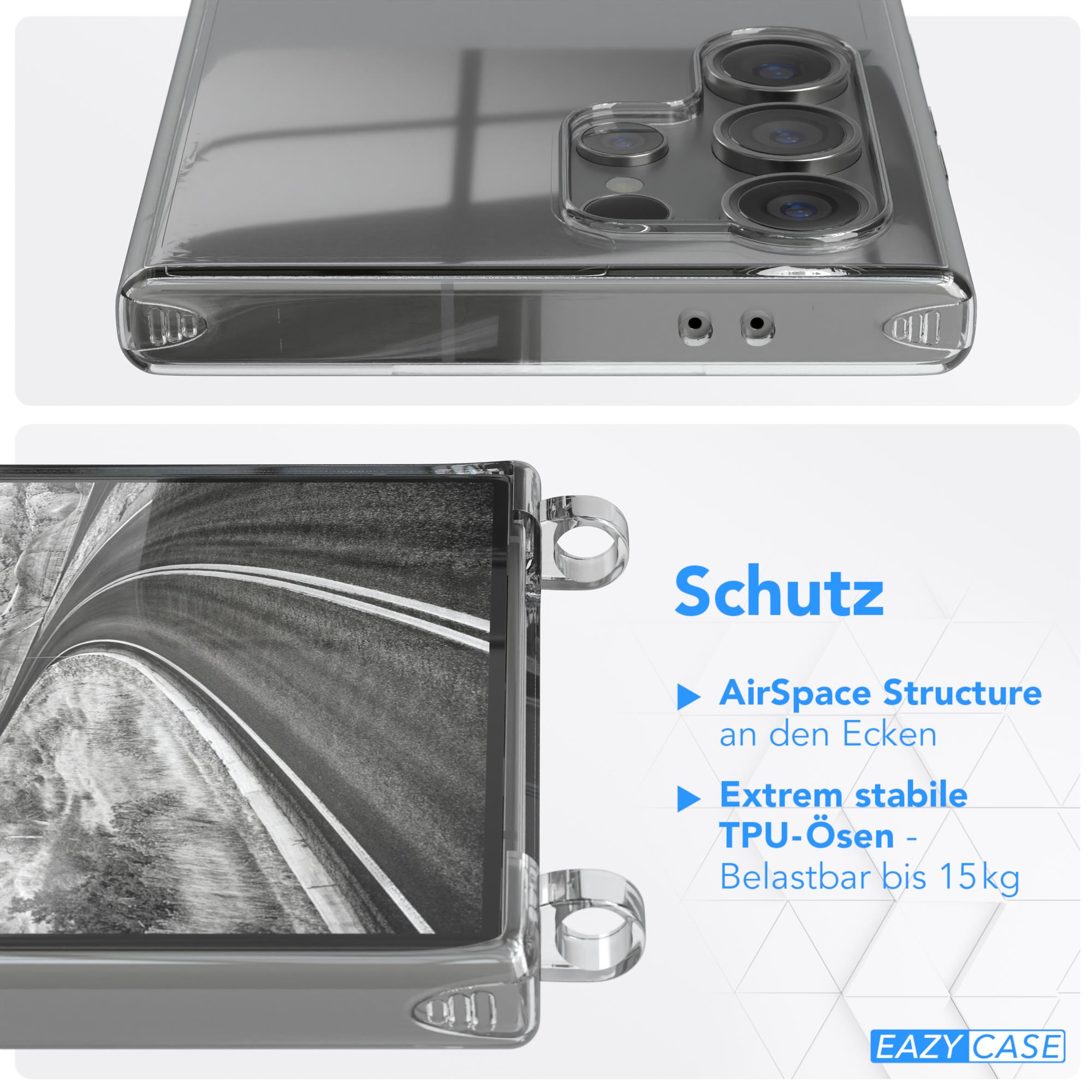 Transparente Handyhülle mit Autobahn-Bild und den Worten 'Schutz', 'AirSpace Structure' und 'Eazy Case'.