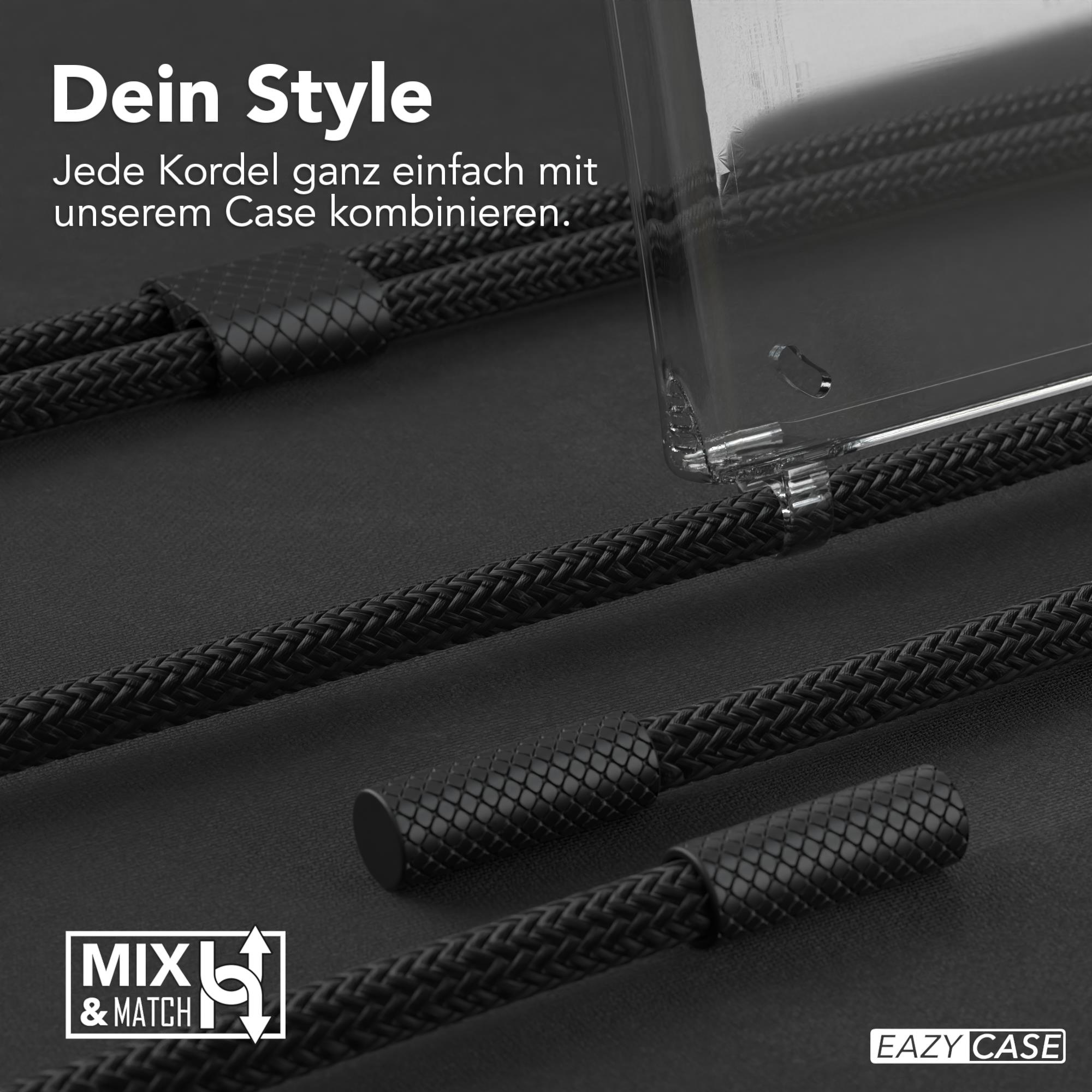 Schwarze geflochtene Kordeln und eine transparente Handyhülle. Text: Mix & Match und Eazy Case.