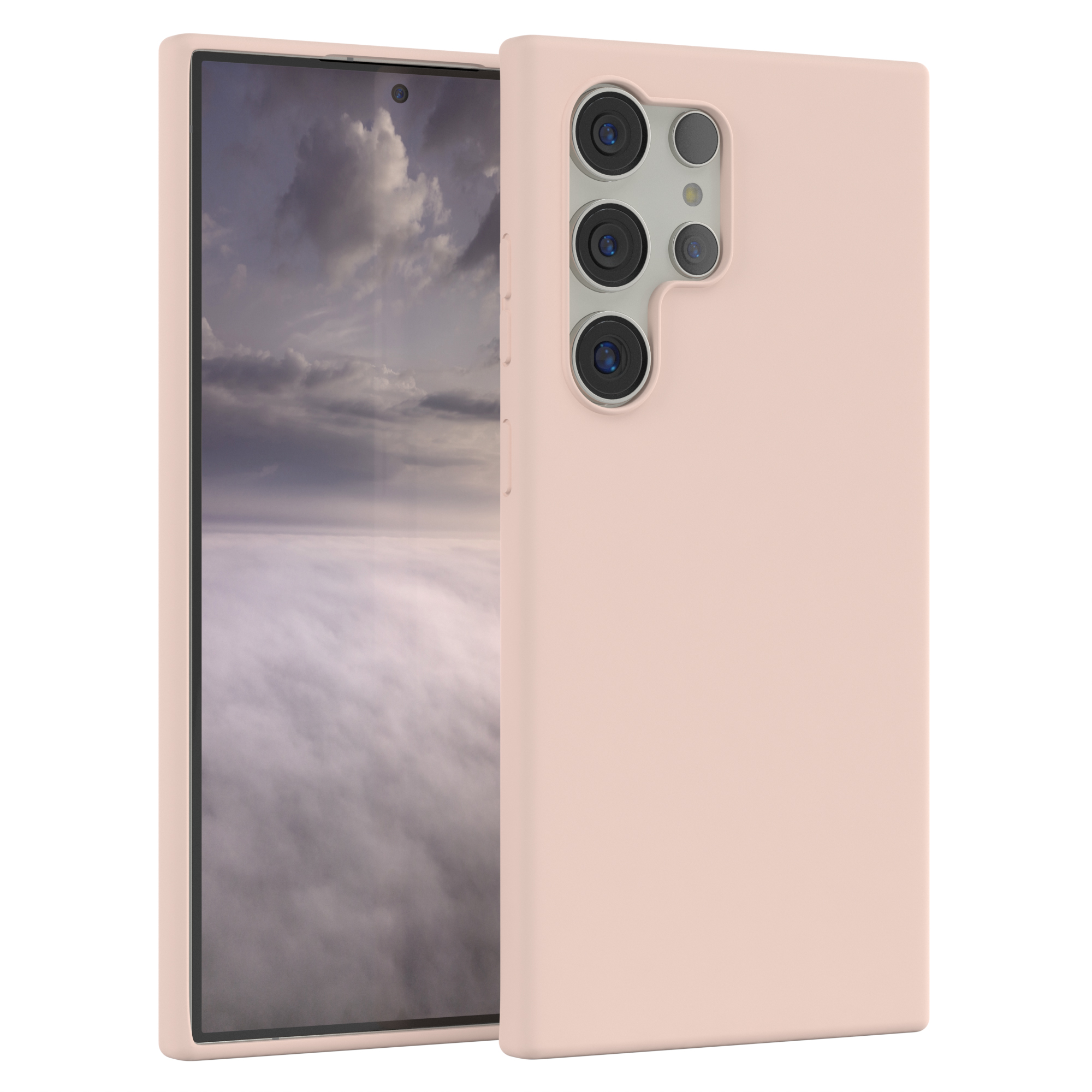 Ein Telefon in einer rosafarbenen Hülle, mit einem bewölkten Himmel auf dem Bildschirm.