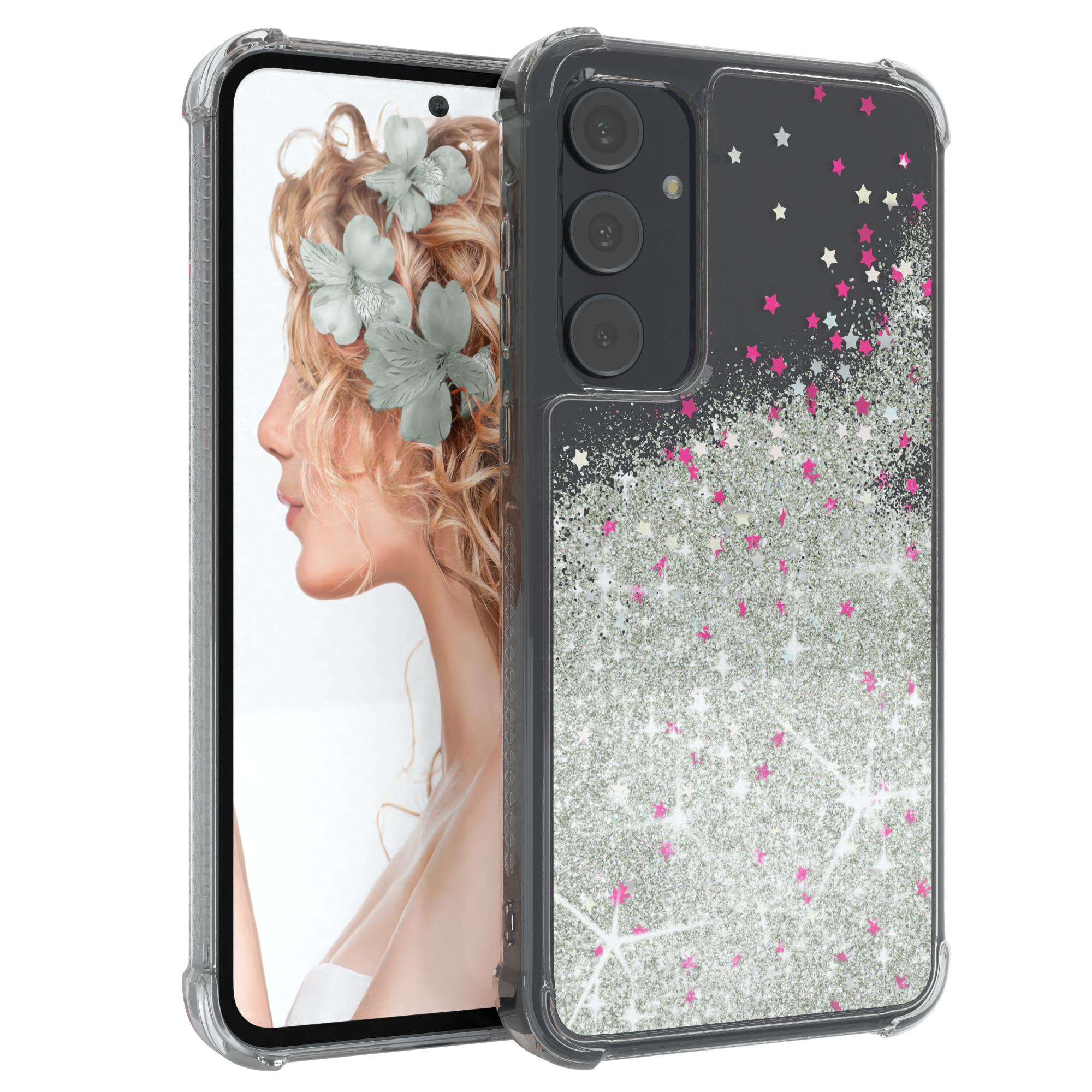 Telefon mit Hülle. Der Hintergrund zeigt ein Frauengesicht und rosa Sterne. Das Telefon ist in einer klaren Hülle.