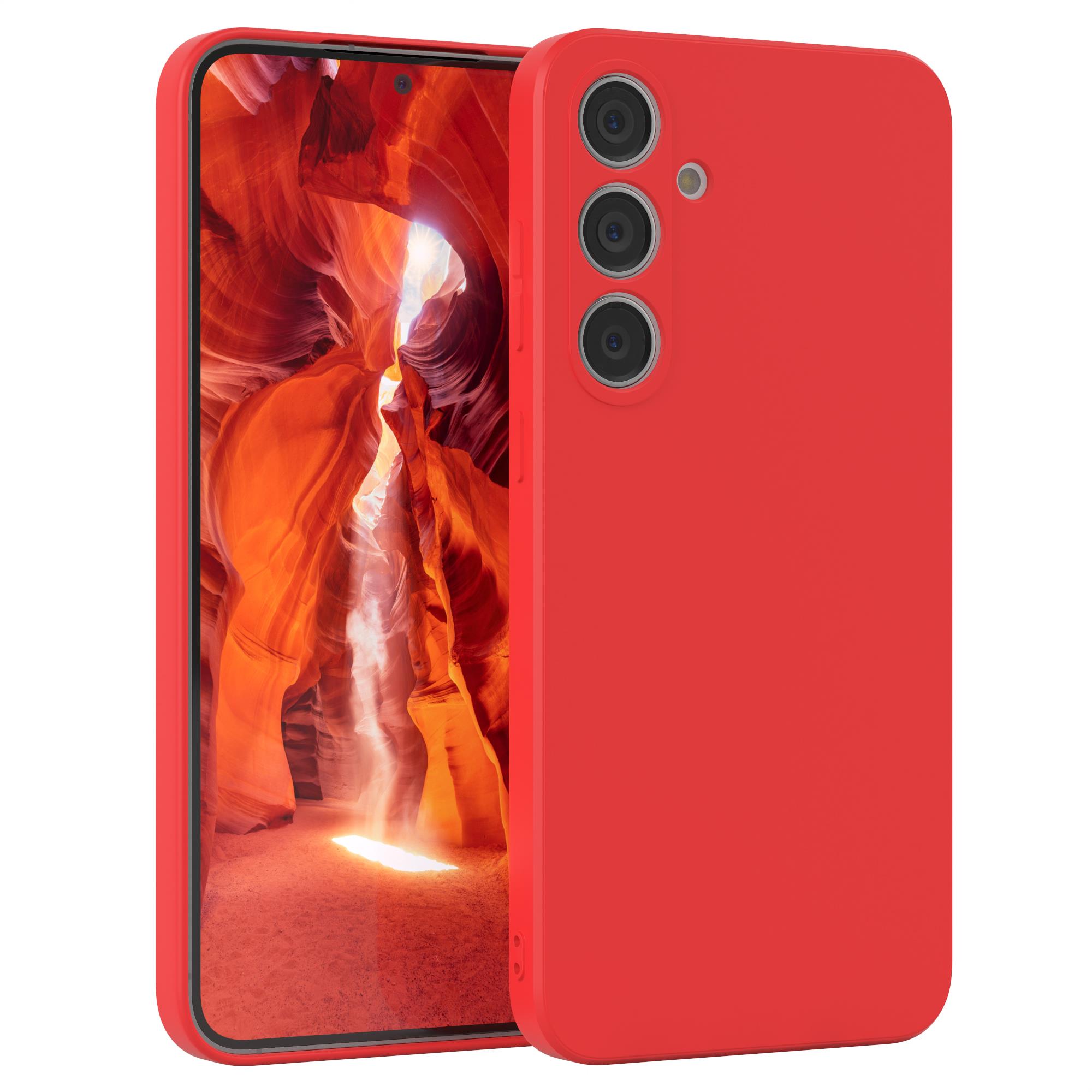 Rote Handyhülle, Vorder- und Rückseite gezeigt, mit Telefon. Weißer Hintergrund.