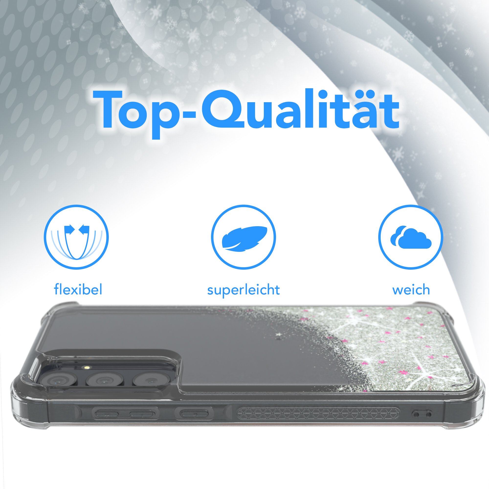 Handyhülle mit Glitzerdesign, Text oben. Flexible, superleichte und weiche Icons.