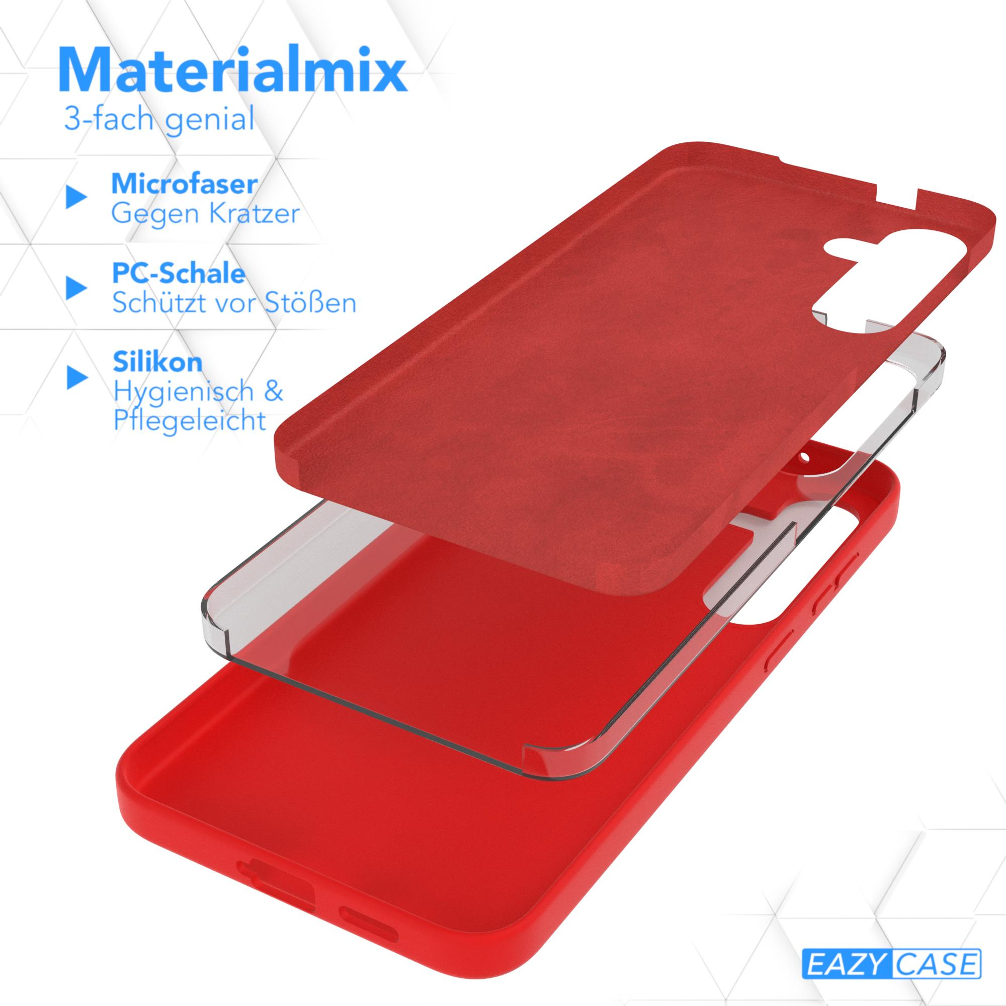 Rote Handyhüllen-Schichten, Mikrofaser, PC-Schale und Silikon. Text auf Deutsch. Eazy Case Logo.