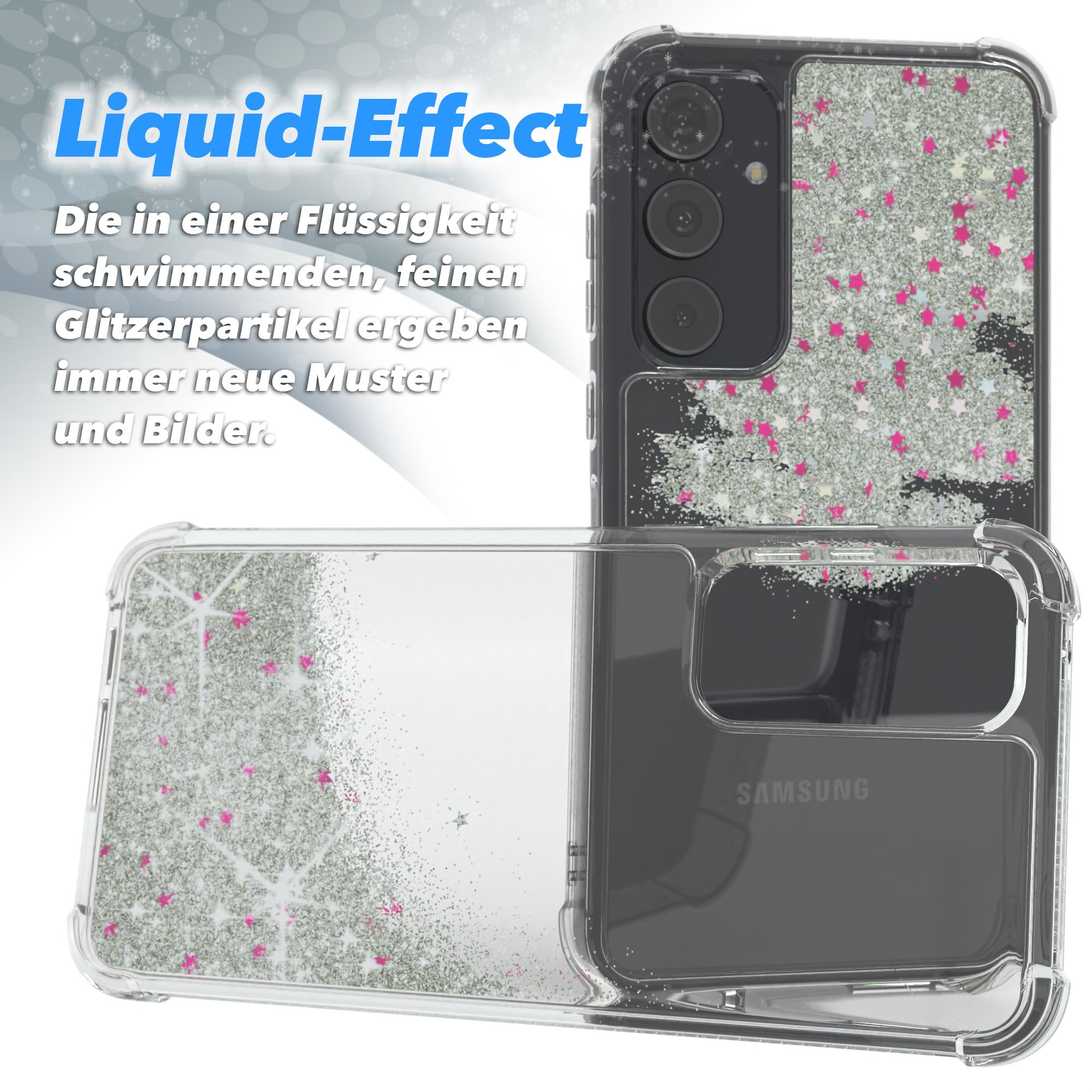Handyhülle mit Glitzereffekt, Sternen. Transparente Hülle mit Telefon, offene Hülle auf weißem Hintergrund.