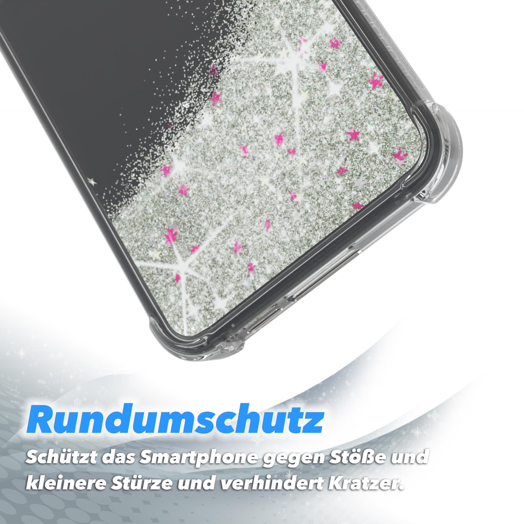 Nahaufnahme einer Handyhülle mit Glitzer, Sternen und einer Nachricht.