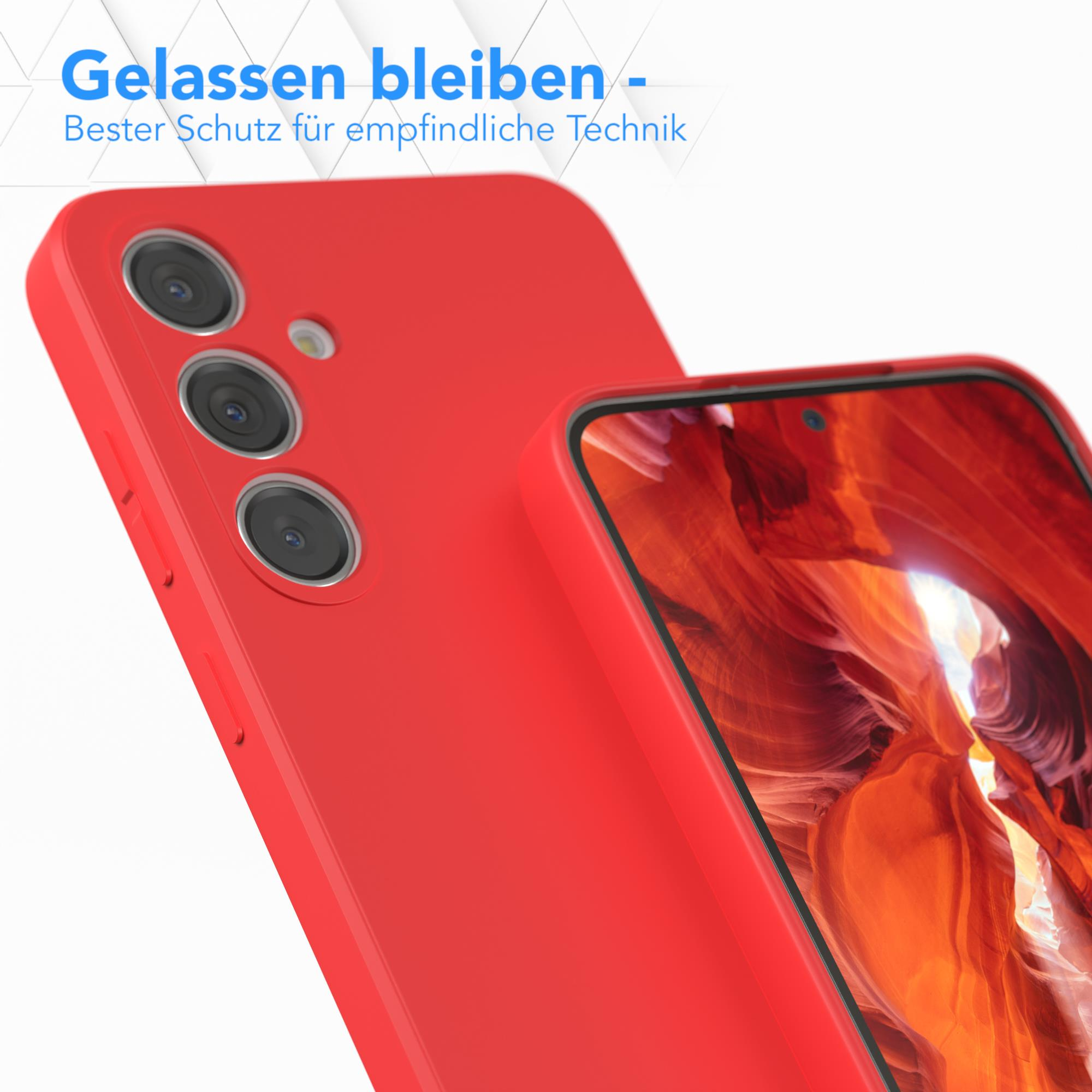 Nahaufnahme eines roten Telefons mit roter Hülle; Text: 'Gelassen bleiben'.