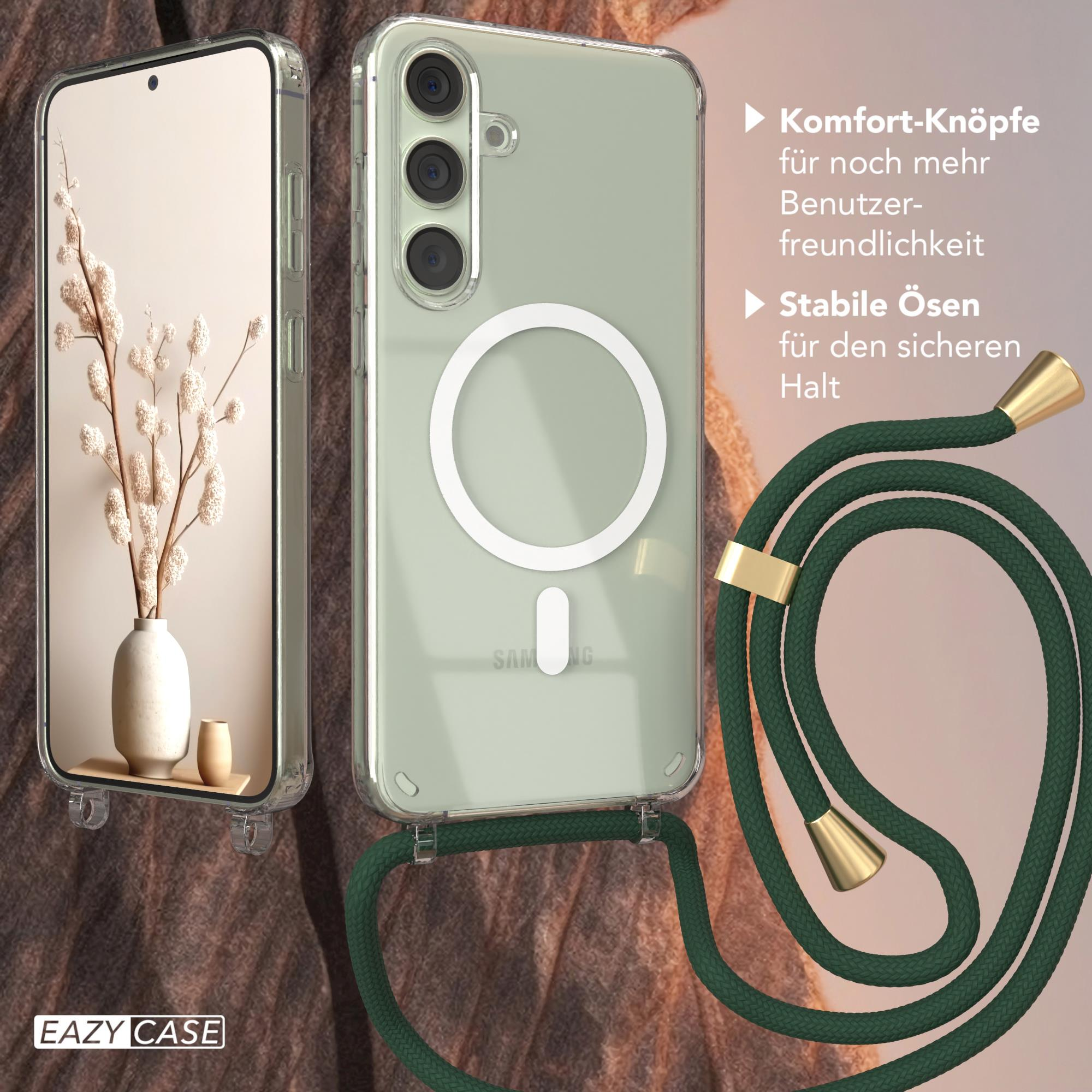 Ein Telefon in einer transparenten Hülle mit Riemen liegt neben einer Vase mit Pflanzen. Eazy Case Logo.