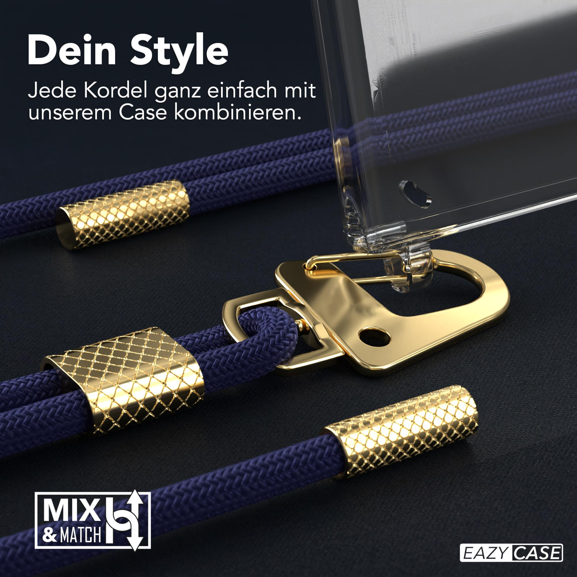 Nahaufnahme einer Handyhülle mit blauem Riemen und goldenen Akzenten. Schwarzer Hintergrund.