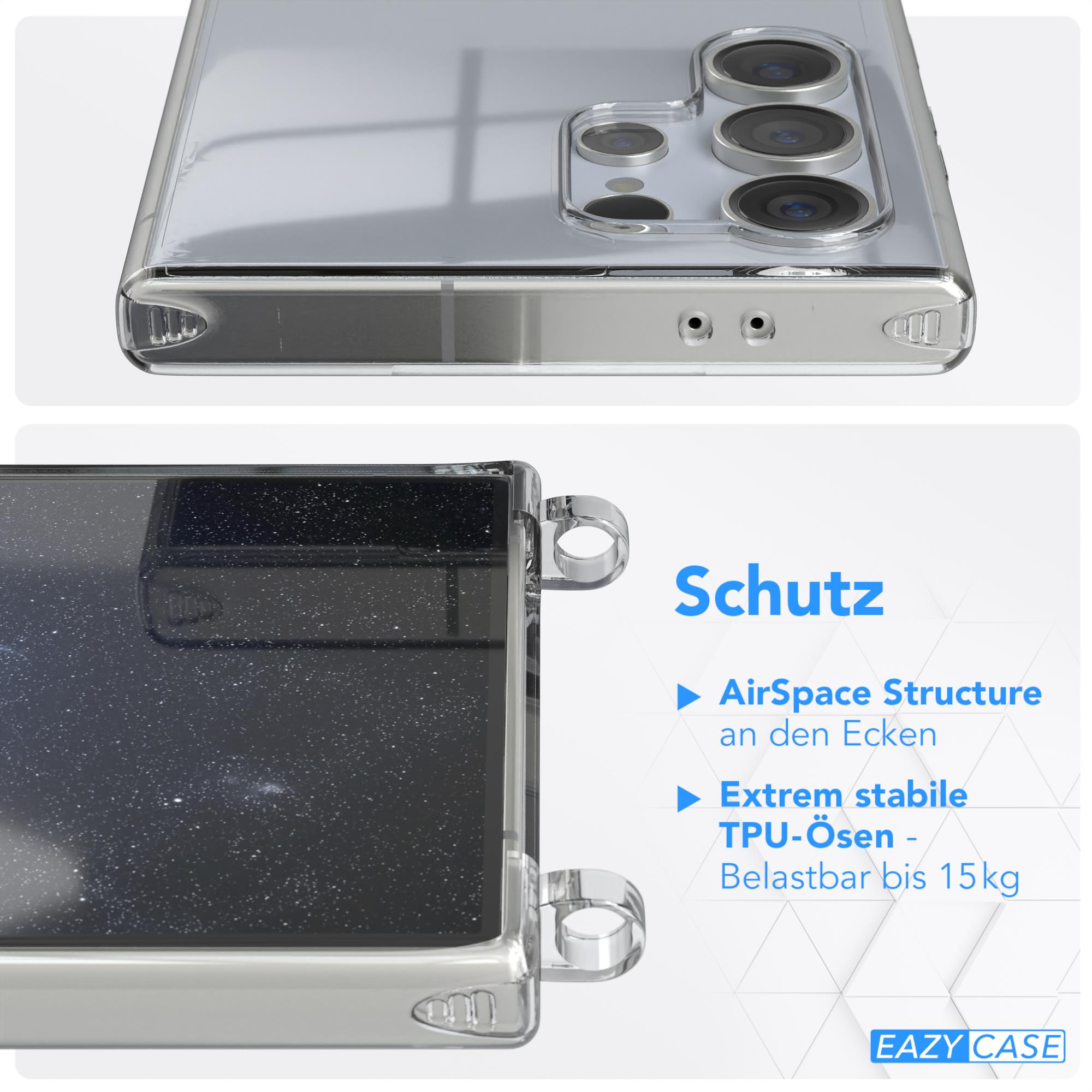 Transparente Handyhülle mit Telefon, zeigt Anschlüsse und Schutz.