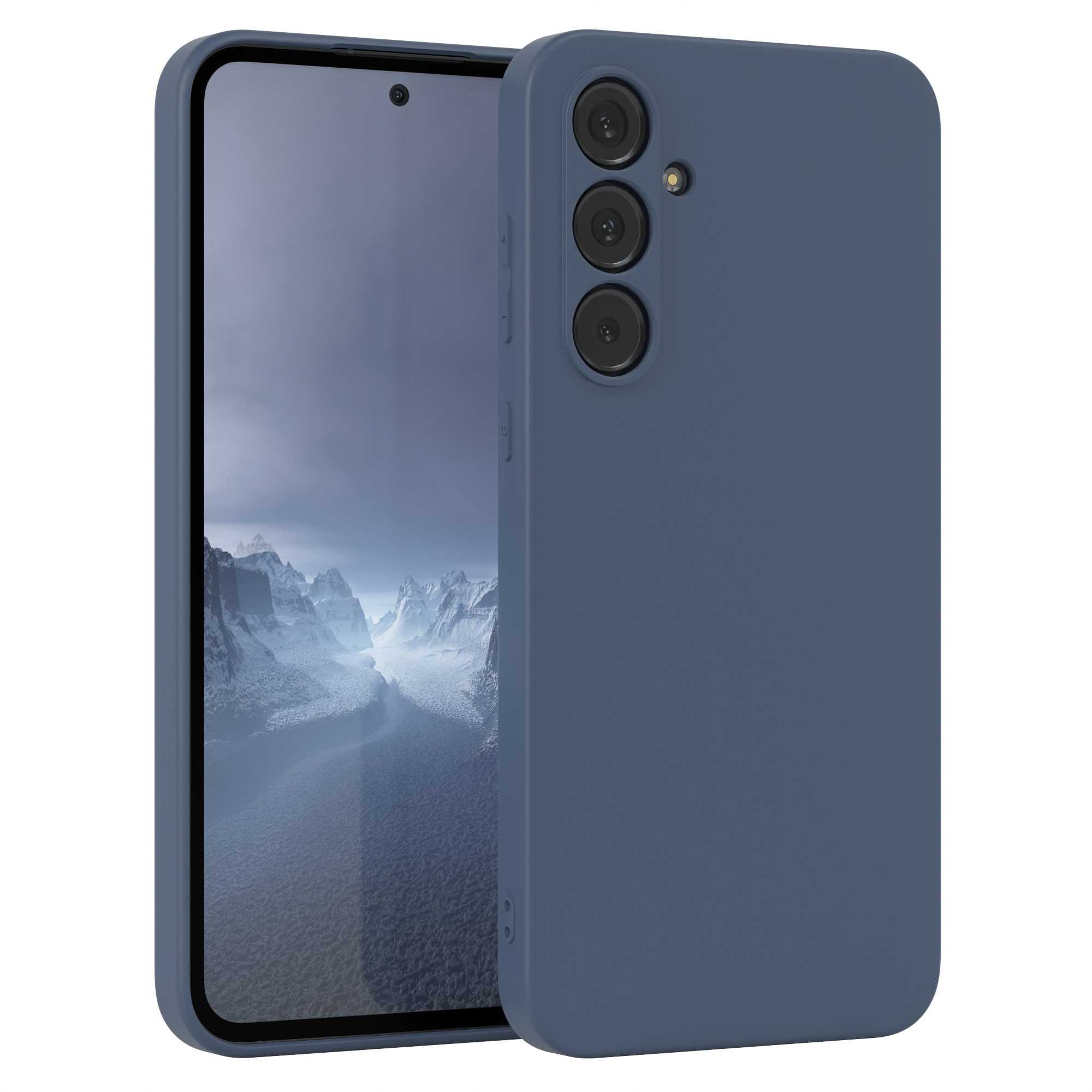 Dunkelblaue Handyhülle mit einem Telefonbildschirm, der einen dunkelblauen Hintergrund zeigt.