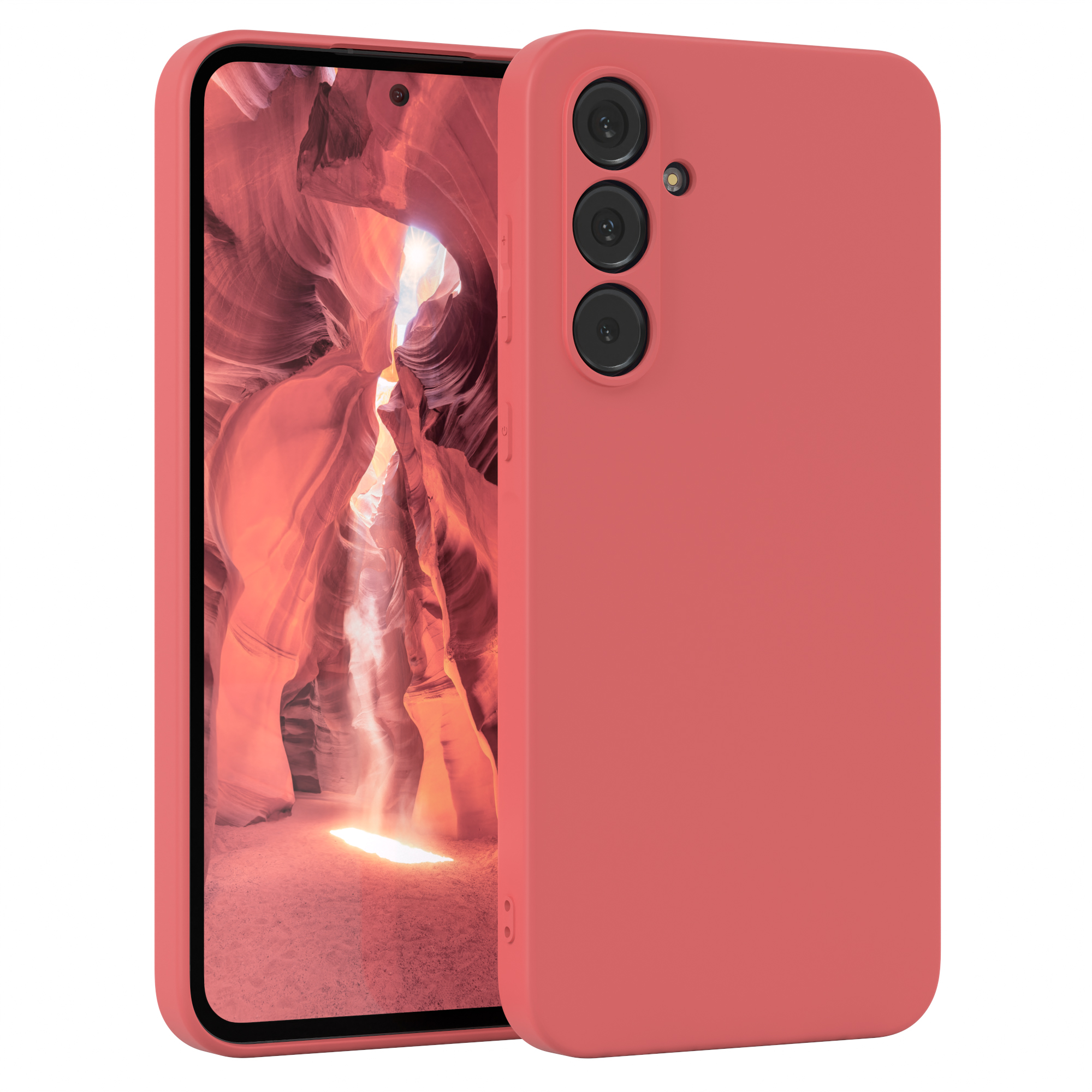 Eine korallenfarbene Handyhülle auf einem Telefon, vor dem Hintergrund eines orangefarbenen Canyons.