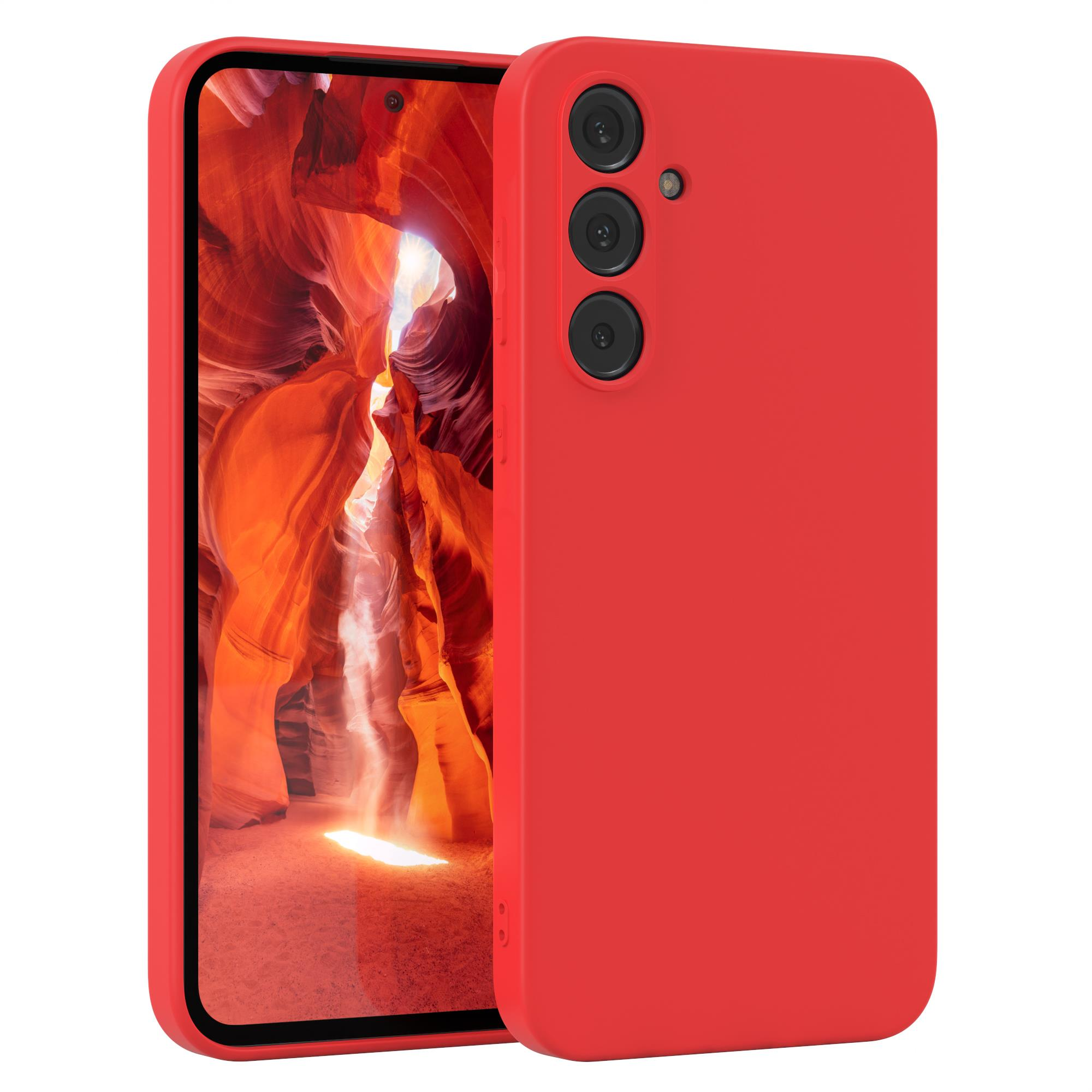 Rote Handyhülle. Sie zeigt ein Telefon von hinten und von der Seite. Die Hülle ist rot.