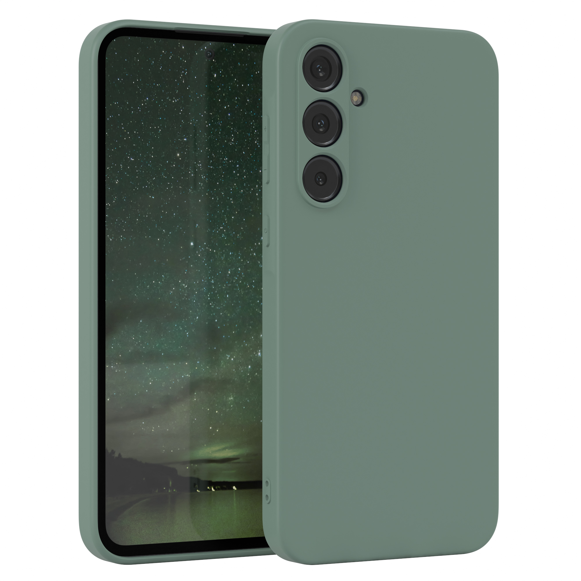 Grüne Handyhülle und Telefon. Das Telefon zeigt eine Sternennachtszene.