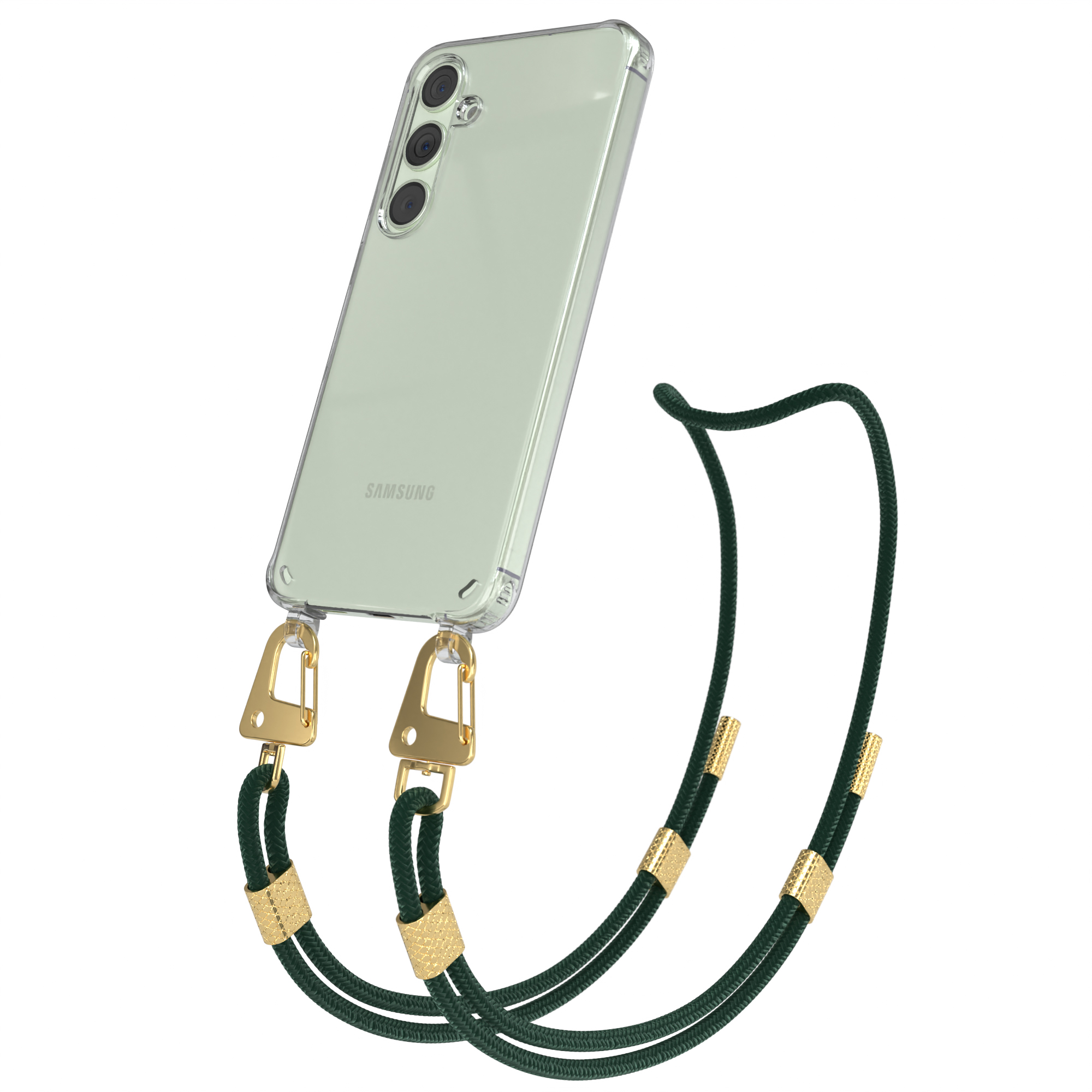 Ein Telefon in einer transparenten Hülle mit einem grünen Riemen. Goldene Verschlüsse und goldene Akzente am Riemen.