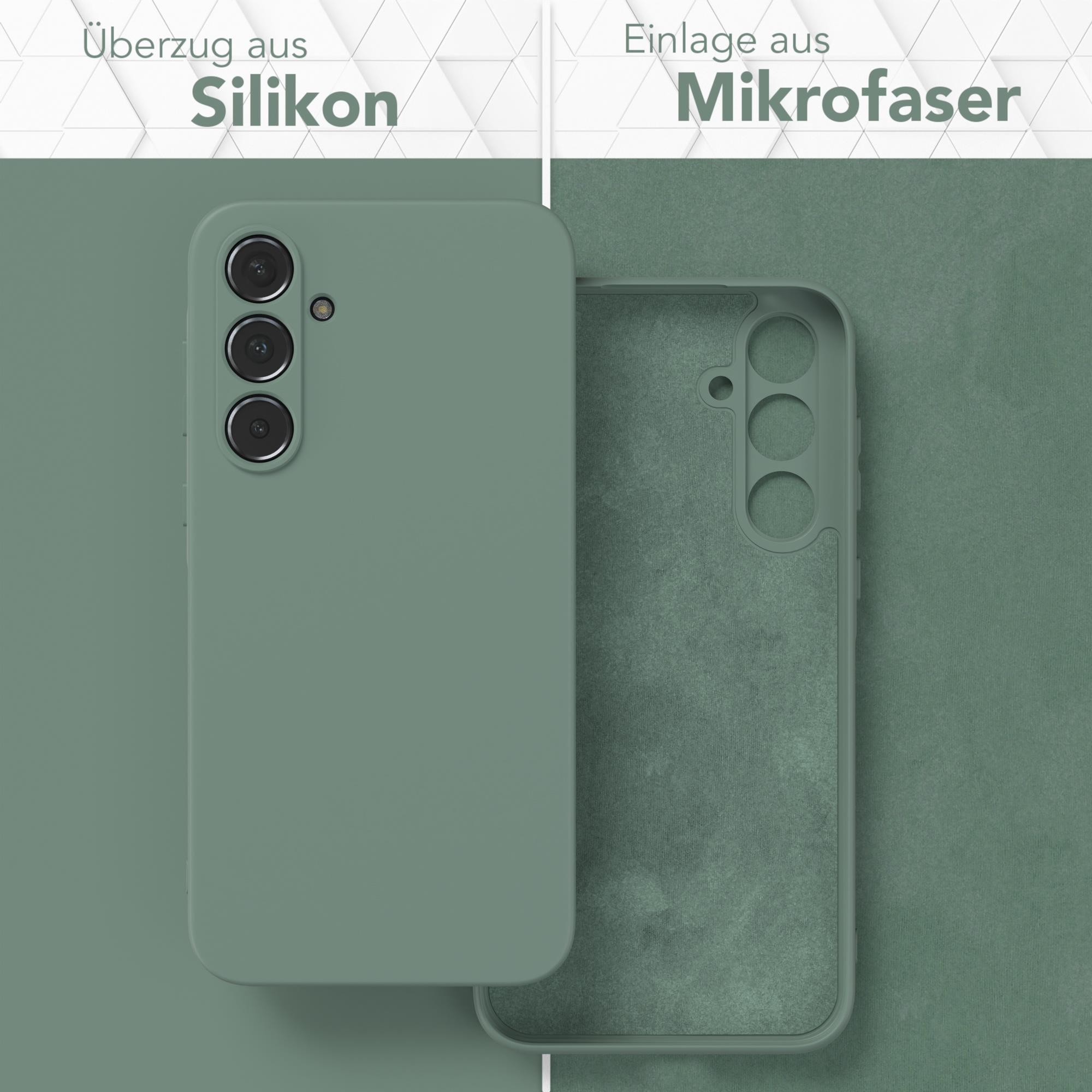 Grüne Handyhülle, Innen- und Außenansicht, mit Text, der Silikon- und Mikrofaser-Materialien angibt.