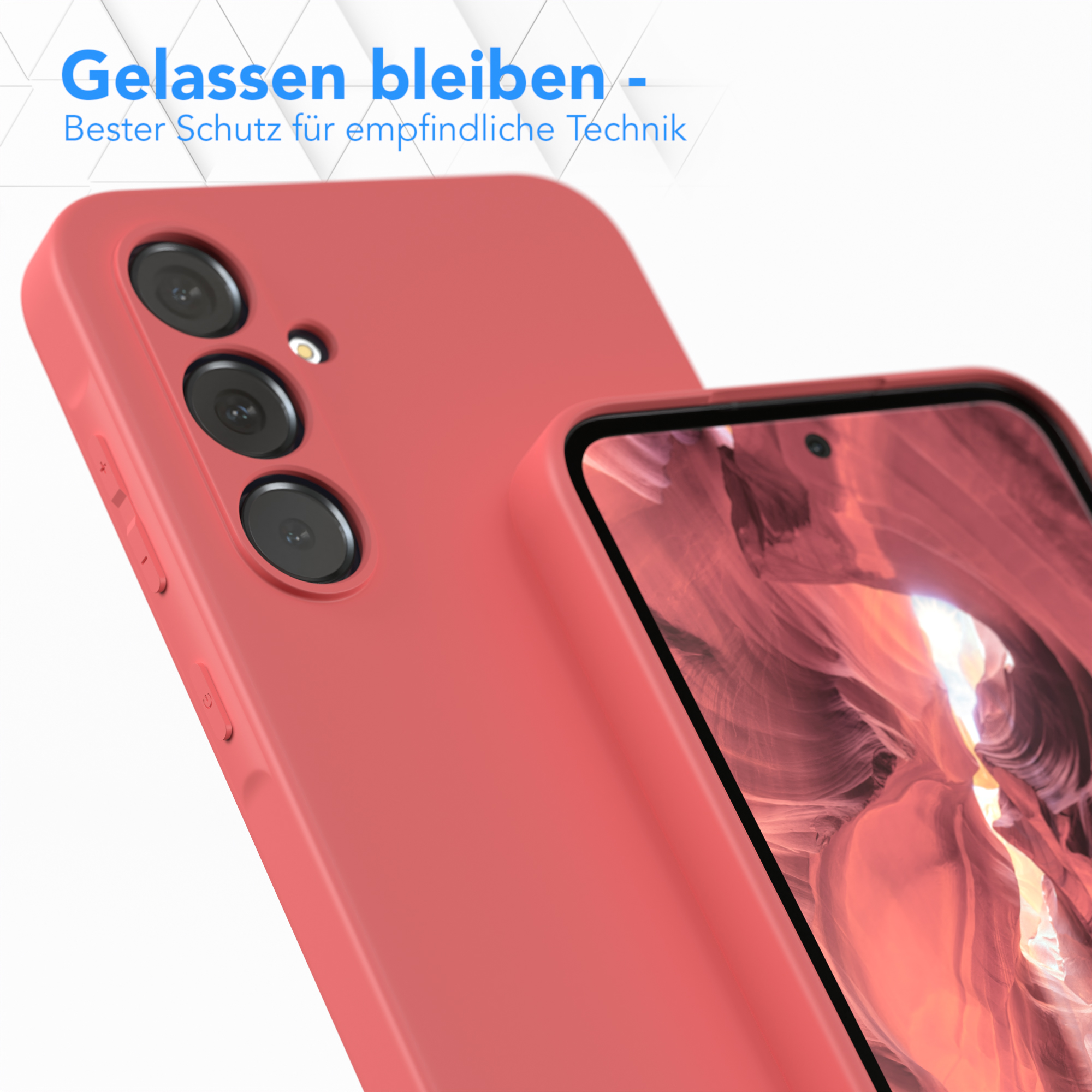 Nahaufnahme einer roten Handyhülle mit einem Telefon darin. Text: Gelassen bleiben - Bester Schutz für empfindliche Technik.