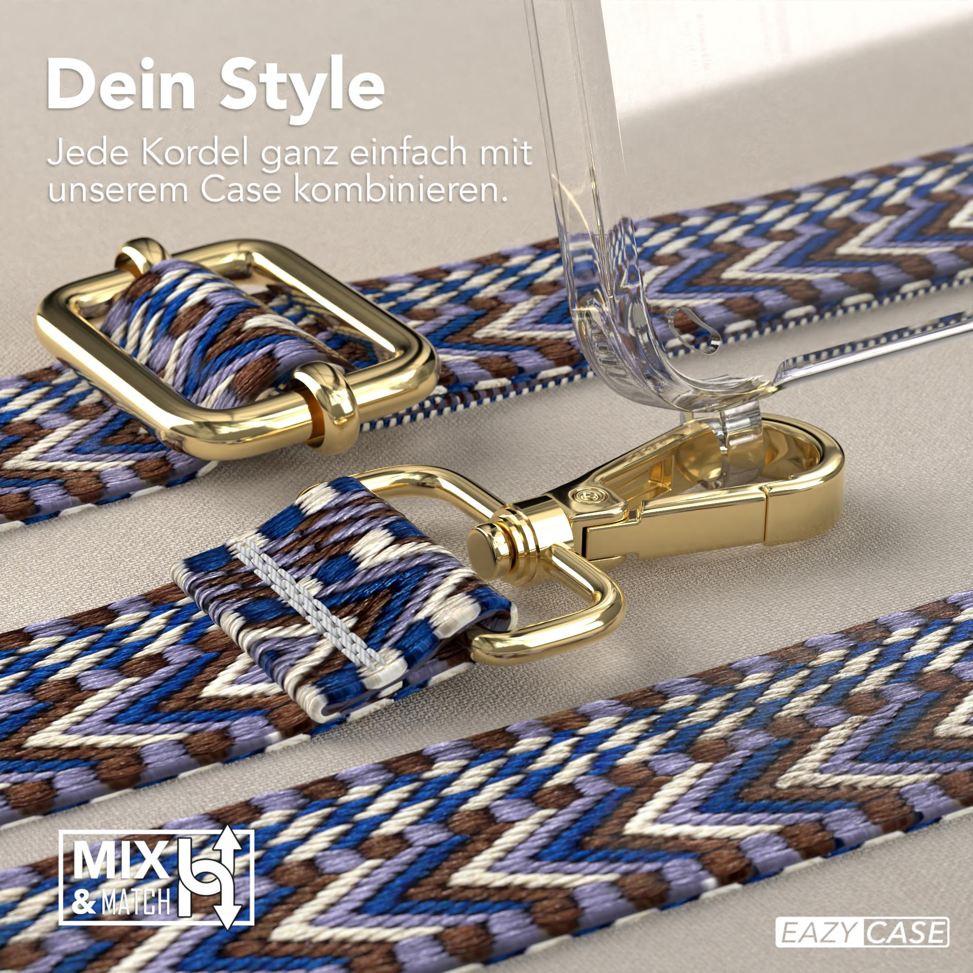Nahaufnahme von Telefonband und -hülle, mit goldener Hardware und blau/lila gemustertem Band.