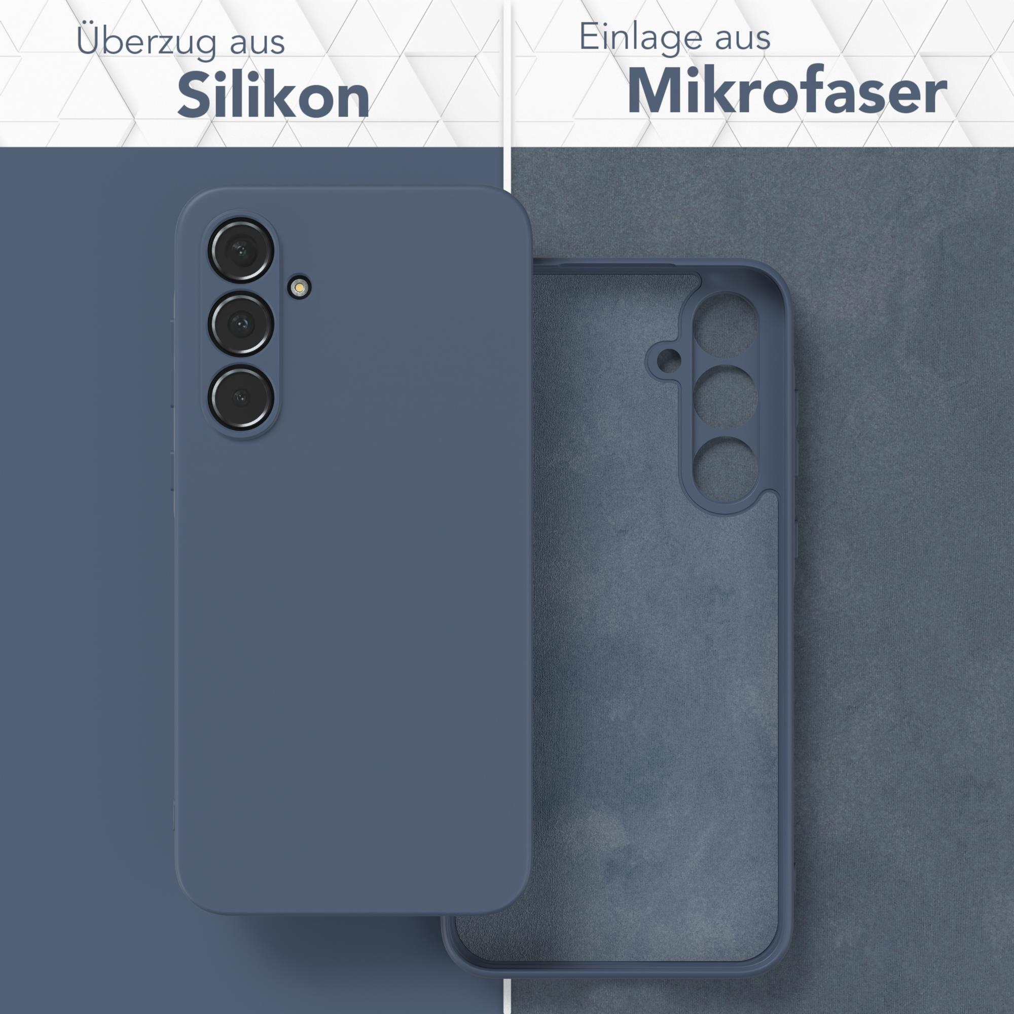 Zweiteiliges Bild, das eine blaue Handyhülle und einen blauen Mikrofaser-Einsatz zeigt.