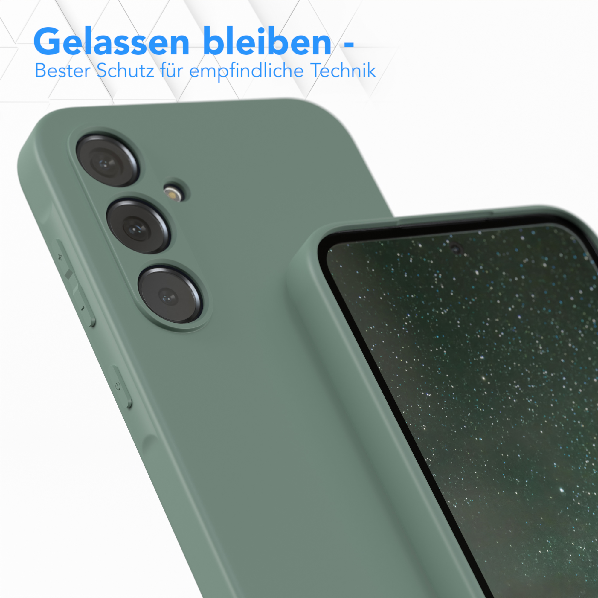 Eine grüne Handyhülle mit einem Telefon darin. Sie hat drei Kameralinsen auf der Rückseite.