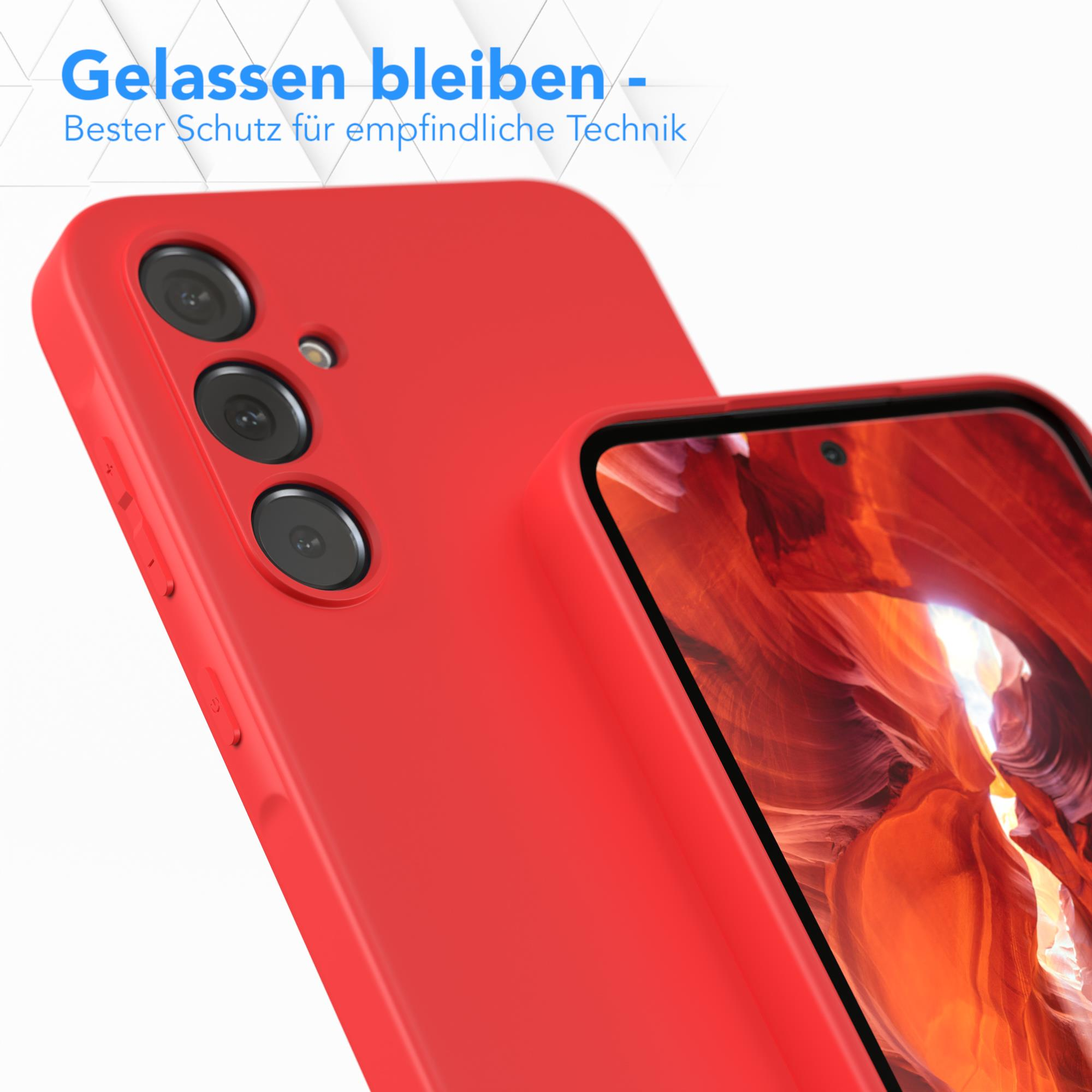 Eine rote Handyhülle mit einem Telefon darin, Nahaufnahme der Handykamera.