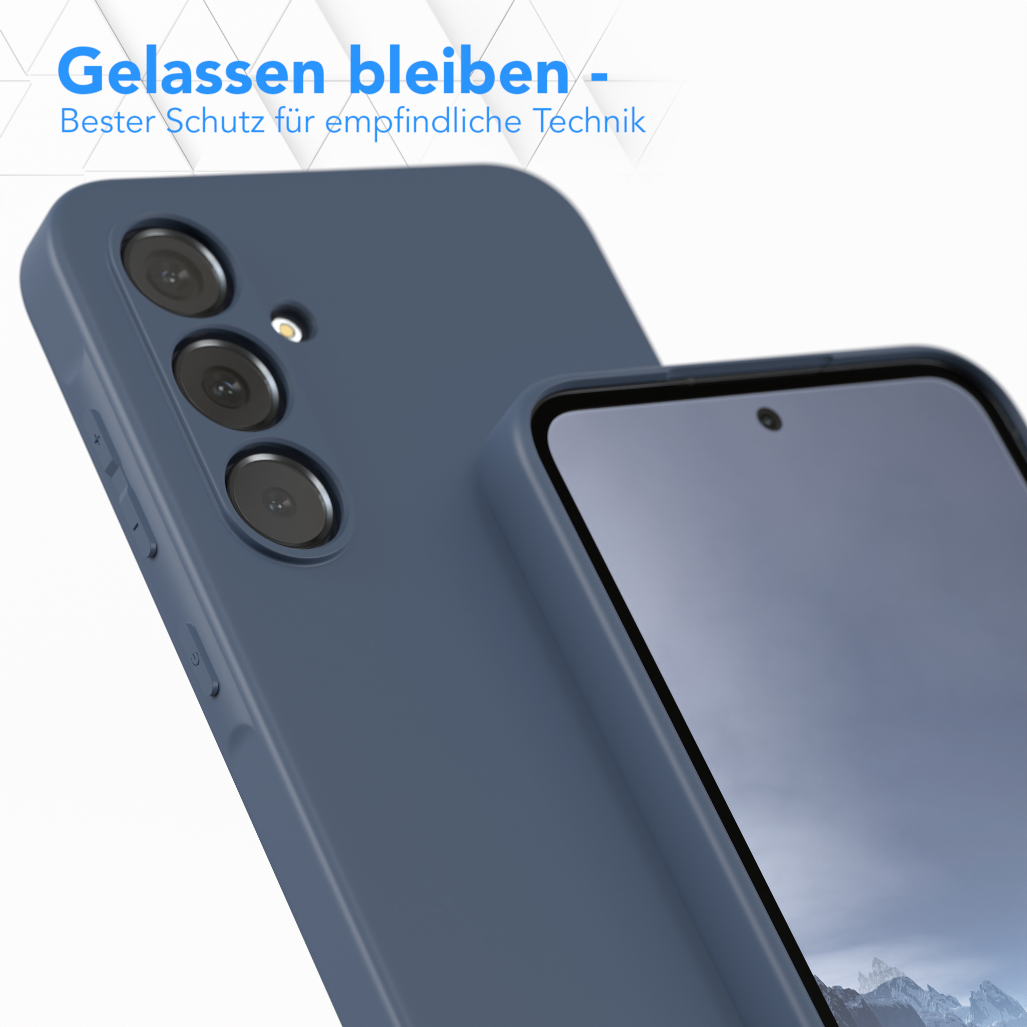 Eine dunkelblaue Handyhülle mit Kameraaussparungen. Der Bildschirm des Telefons ist sichtbar.