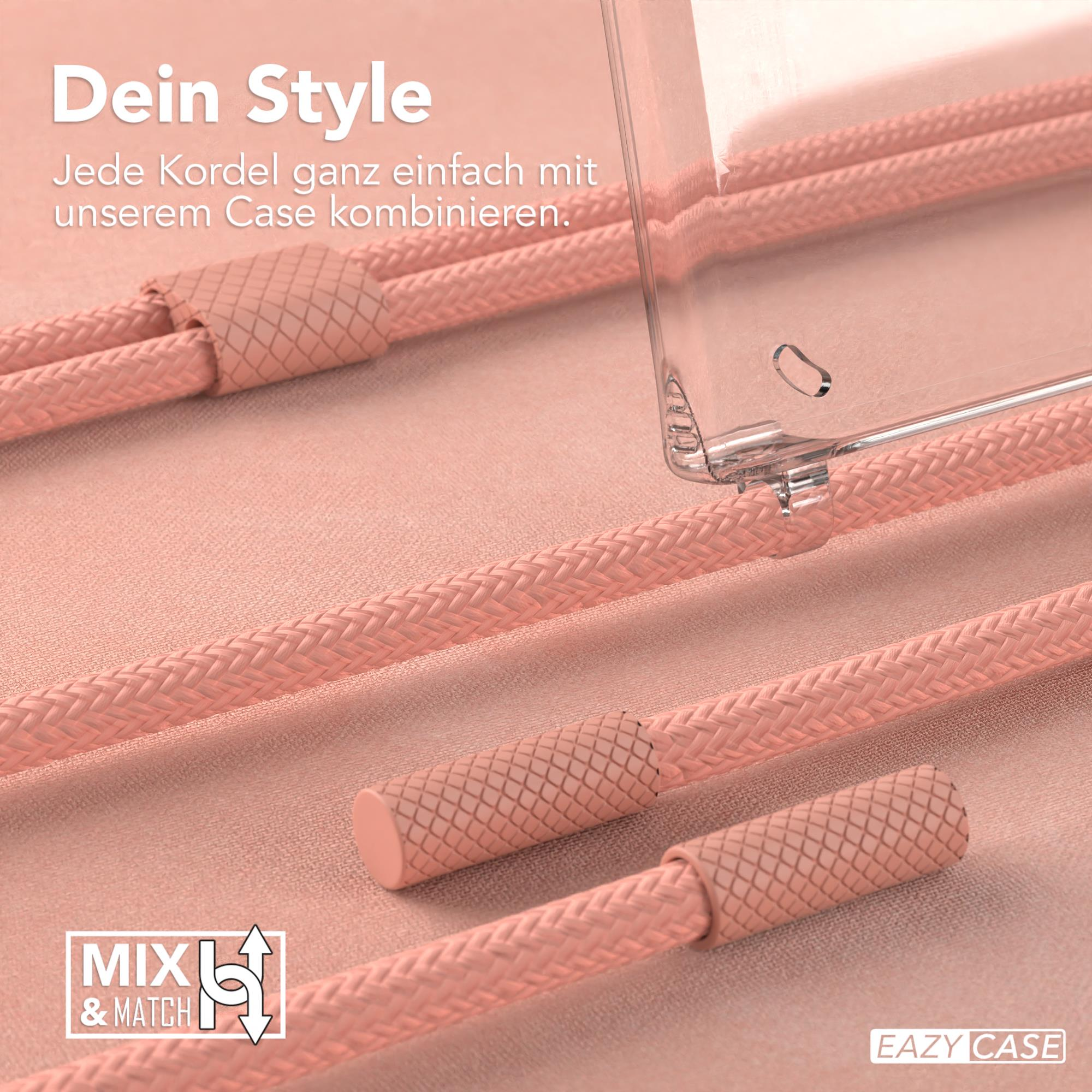 Nahaufnahme einer Handyhülle mit rosa Kordel und Telefon. Textüberlagerung.