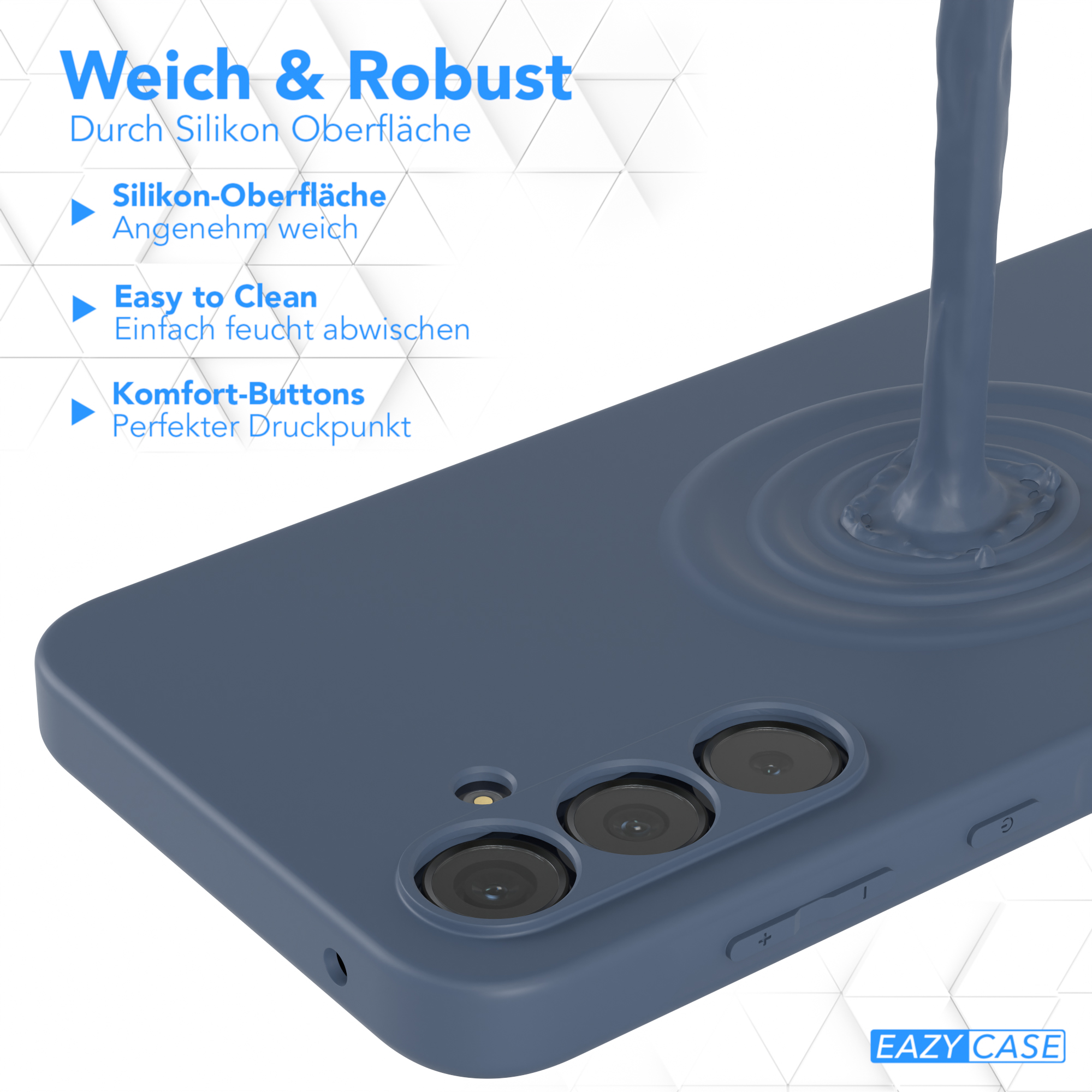 Eine blaue Handyhülle mit Flüssigkeitsdesign. Text sagt 'Weich & Robust' und 'Eazy Case'.