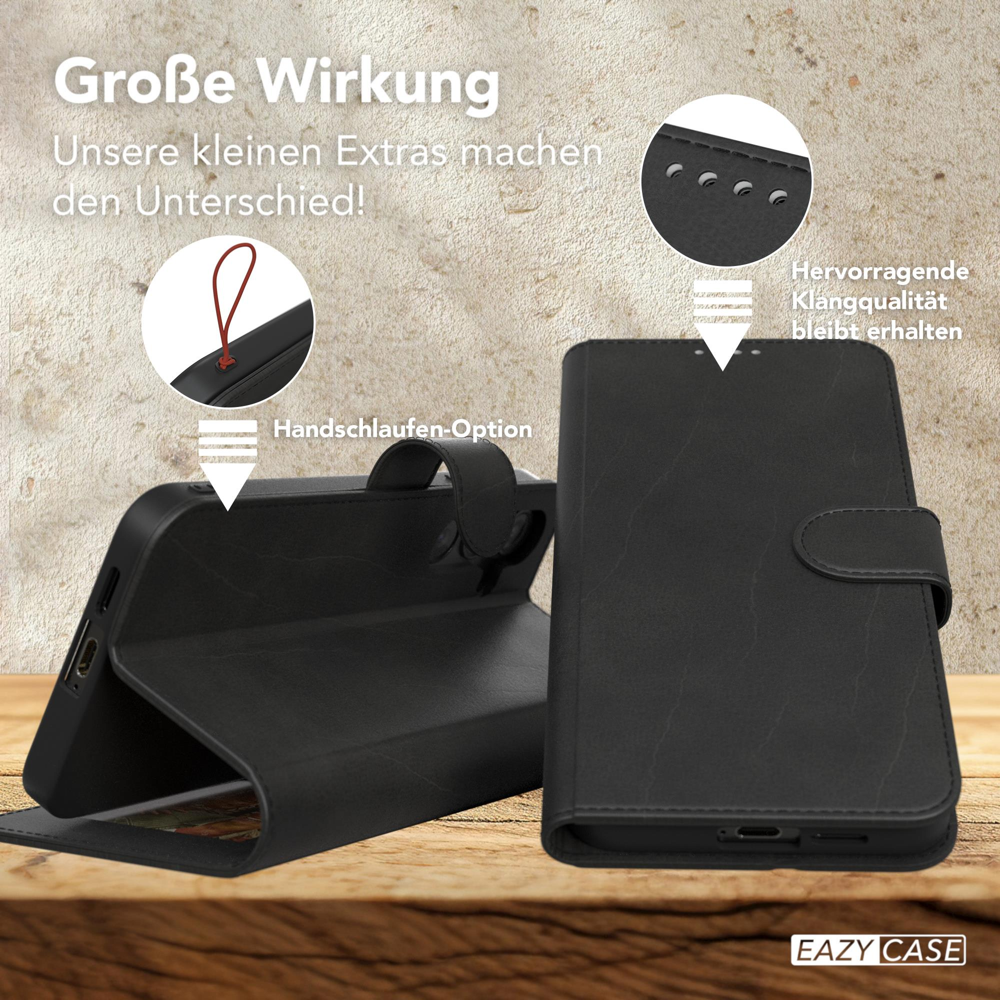 Schwarze Handyhülle, mit Text 'Große Wirkung', und Details zur Klangqualität und Handschlaufe.