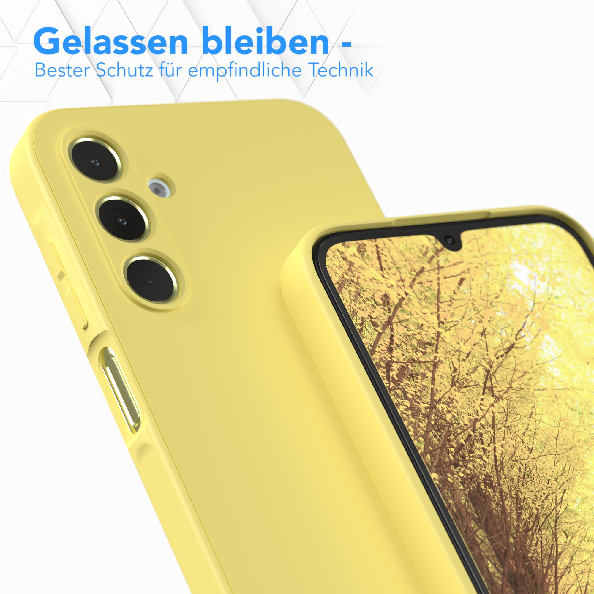 Eine gelbe Handyhülle auf weißem Hintergrund, mit einem Telefon darin, das einen Baum zeigt.