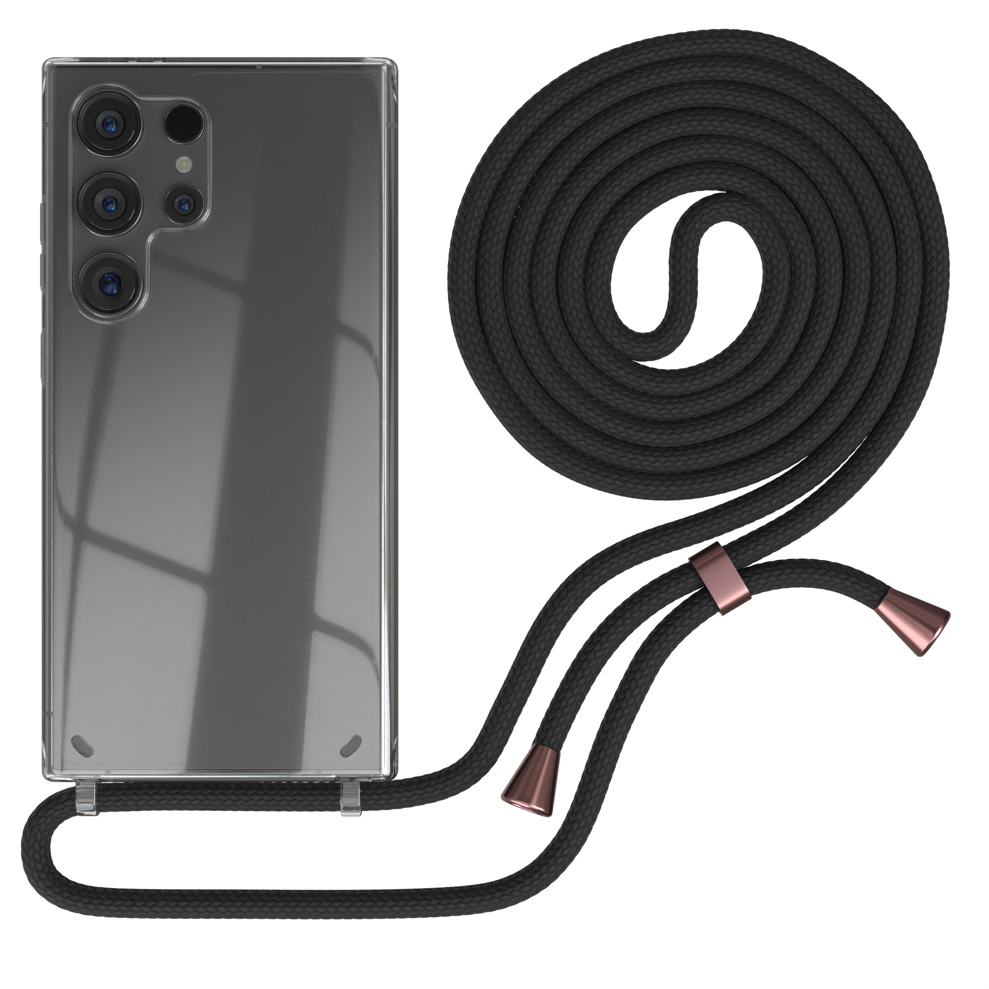 Ein Telefon in einer transparenten Hülle mit einem schwarzen Riemen. Roségoldene Akzente am Riemen. Der Hintergrund ist weiß.