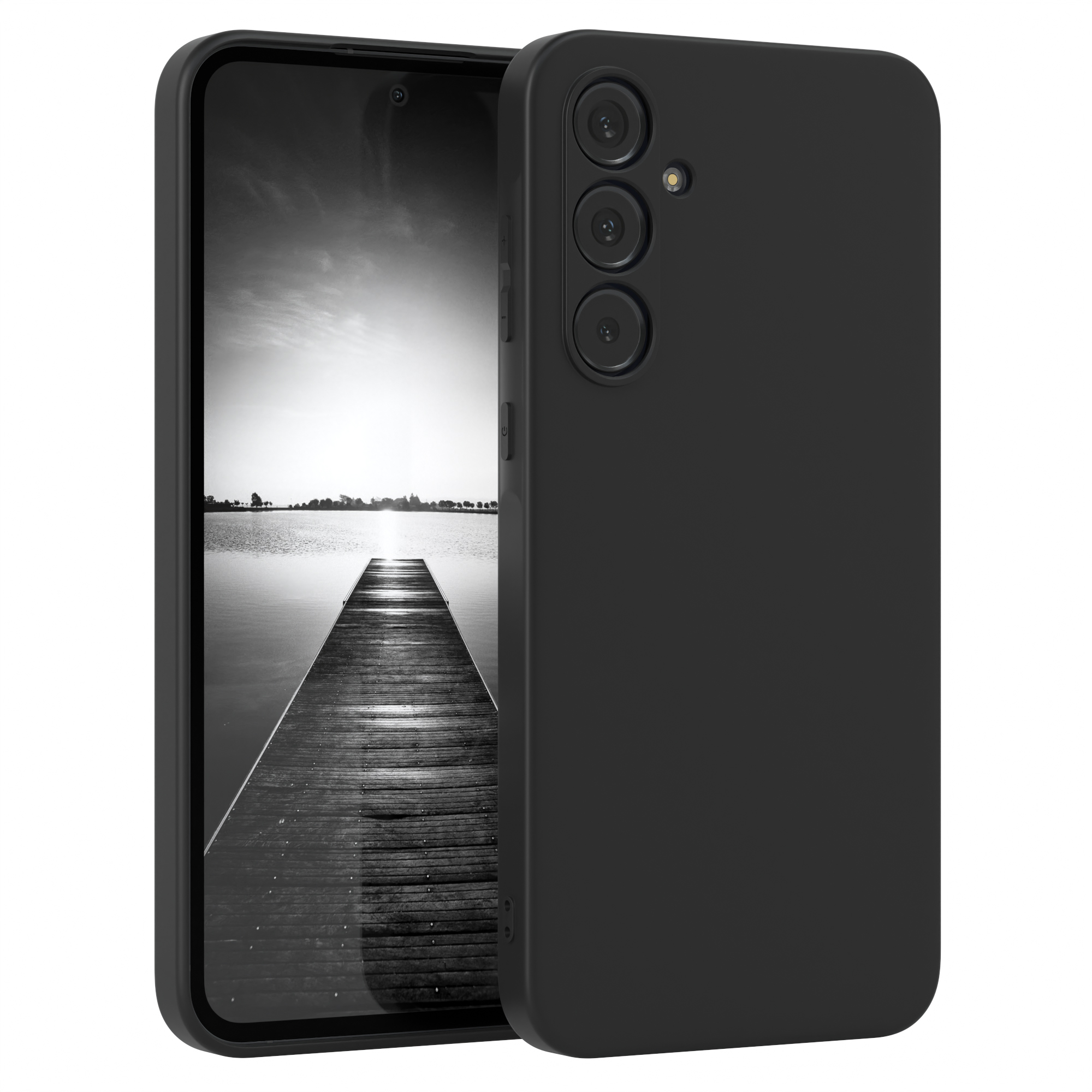 Ein schwarzes Smartphone mit Hülle, das die Rückkamera zeigt, auf weißem Hintergrund.