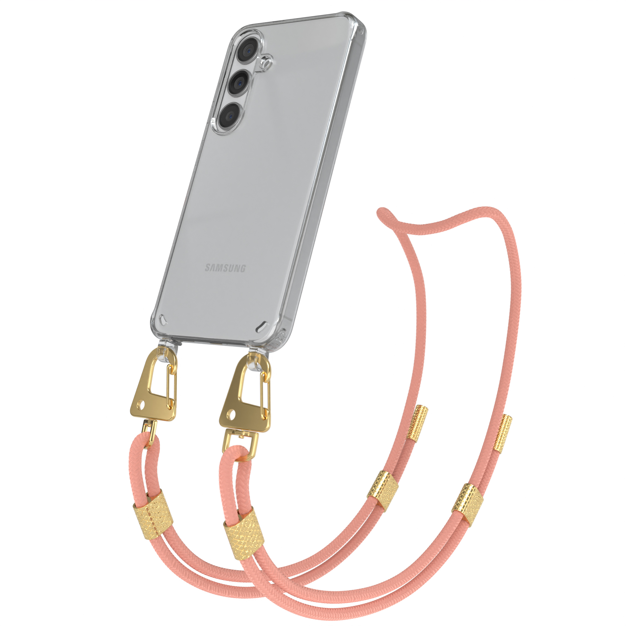 Klares Telefon mit rosa Kordel. Goldene Verschlüsse verbinden die Kordel mit der Handyhülle. Weißer Hintergrund.
