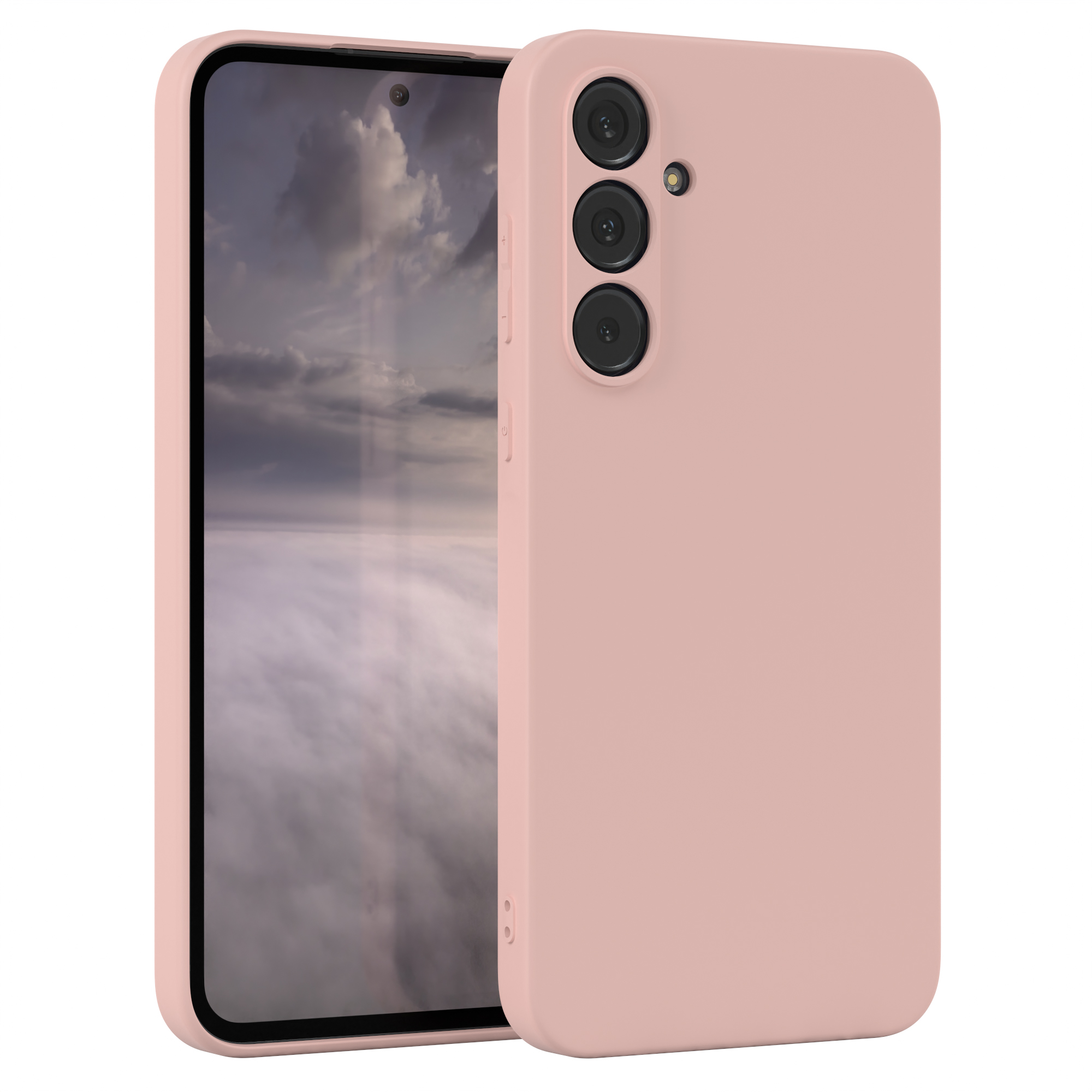 Ein rosa Telefon in einer Hülle. Es hat drei Kameras. Der Hintergrund ist ein bewölkter Himmel.